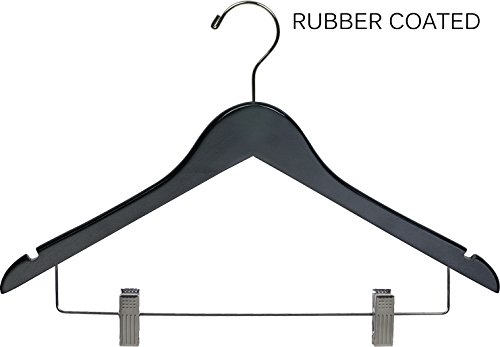 Premium Black Rubberized Wooden Combo Hangers with Adjustable Cushion Clips - Flat Rubber Coated Clothes Hangers with Chrome Swivel Hook & Notches (50-Pack) by The Great American Hanger Company - Ideal for Closet Organization, Retail Stores & Delicate Garment Care