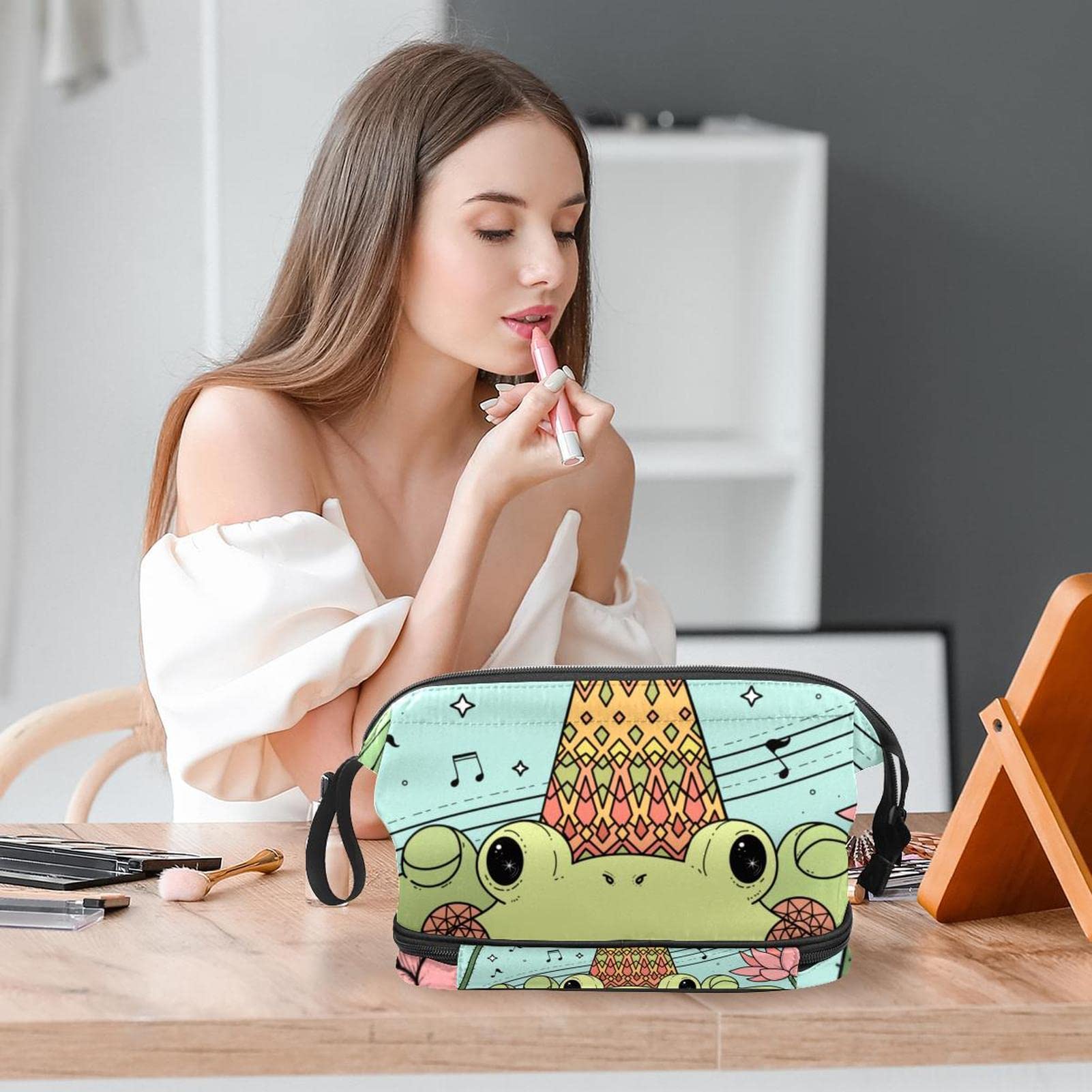 Large Waterproof Makeup Bag for Women - Travel Cosmetic Organizer with Lotus Leaves & Frog Design, Spacious Toiletry Bag for Makeup Brushes & Skincare - Perfect for Travel, Gym & Daily Use