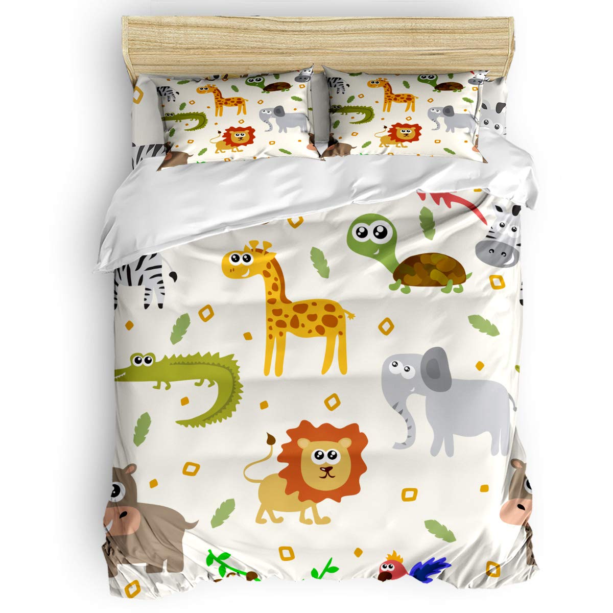 Kawaii Animal Print Duvet Cover Twin Size - Elephant, Lion, Crocodile, Turtle & Zebra Collection | Modern Comforter Cover with Matching Pillow Shams & Flat Sheet | Soft Bedding Set for Kids Room, Nursery or Guest Bedroom Decor