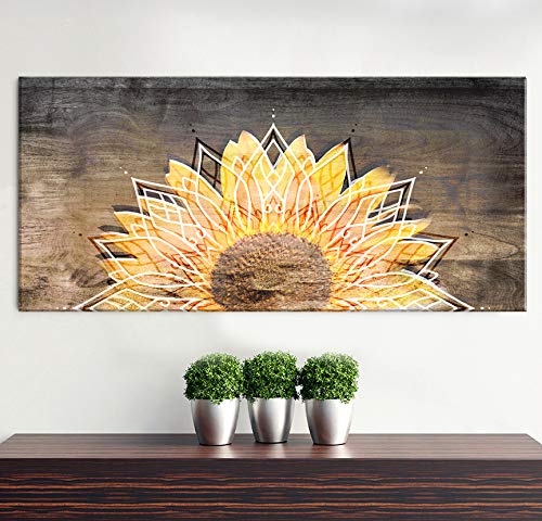 Boho Sunflower Wall Art - 60x27 Inch Yellow Sunflower Decor for Bedroom, Living Room & Nursery - Handmade Floral Canvas Painting for Home Decor, Housewarming Gift, Boho Chic Interior Design