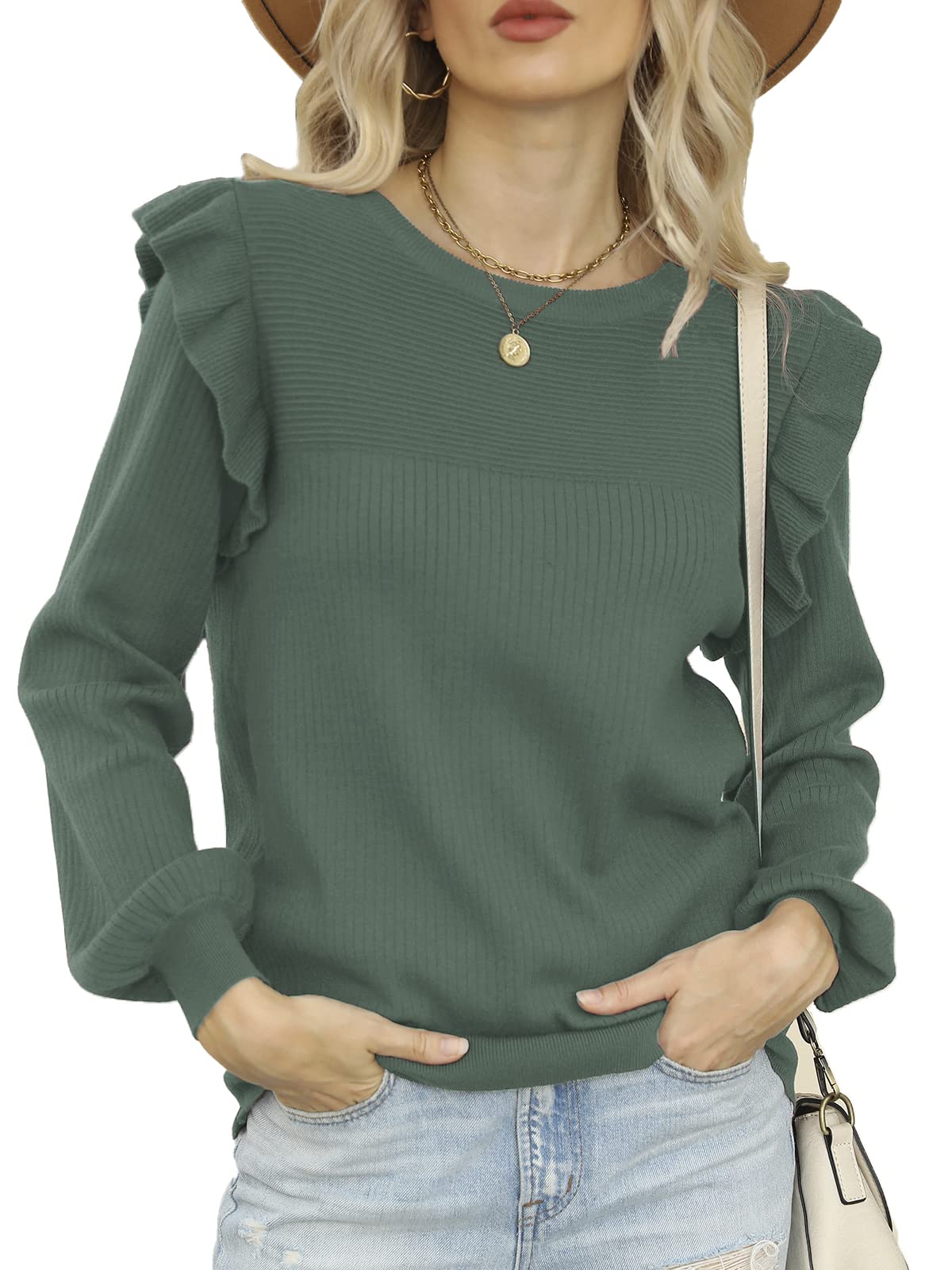 DEEP SELF Women's Long Sleeve Ruffle Sweater - Cozy Knit Pullover Tops for Fall & Winter | Casual Office Wear & Weekend Outfits