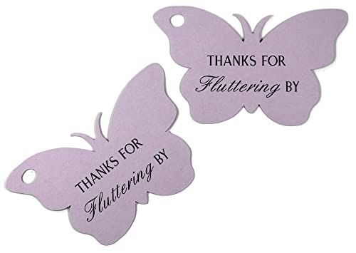 Butterfly Shaped Party Favor Tags - 'Thanks for Fluttering By' Baby Shower, Birthday, Wedding Decorations - 20pc Light Purple Gift Tags for Favors, Invitations & Thank You Cards