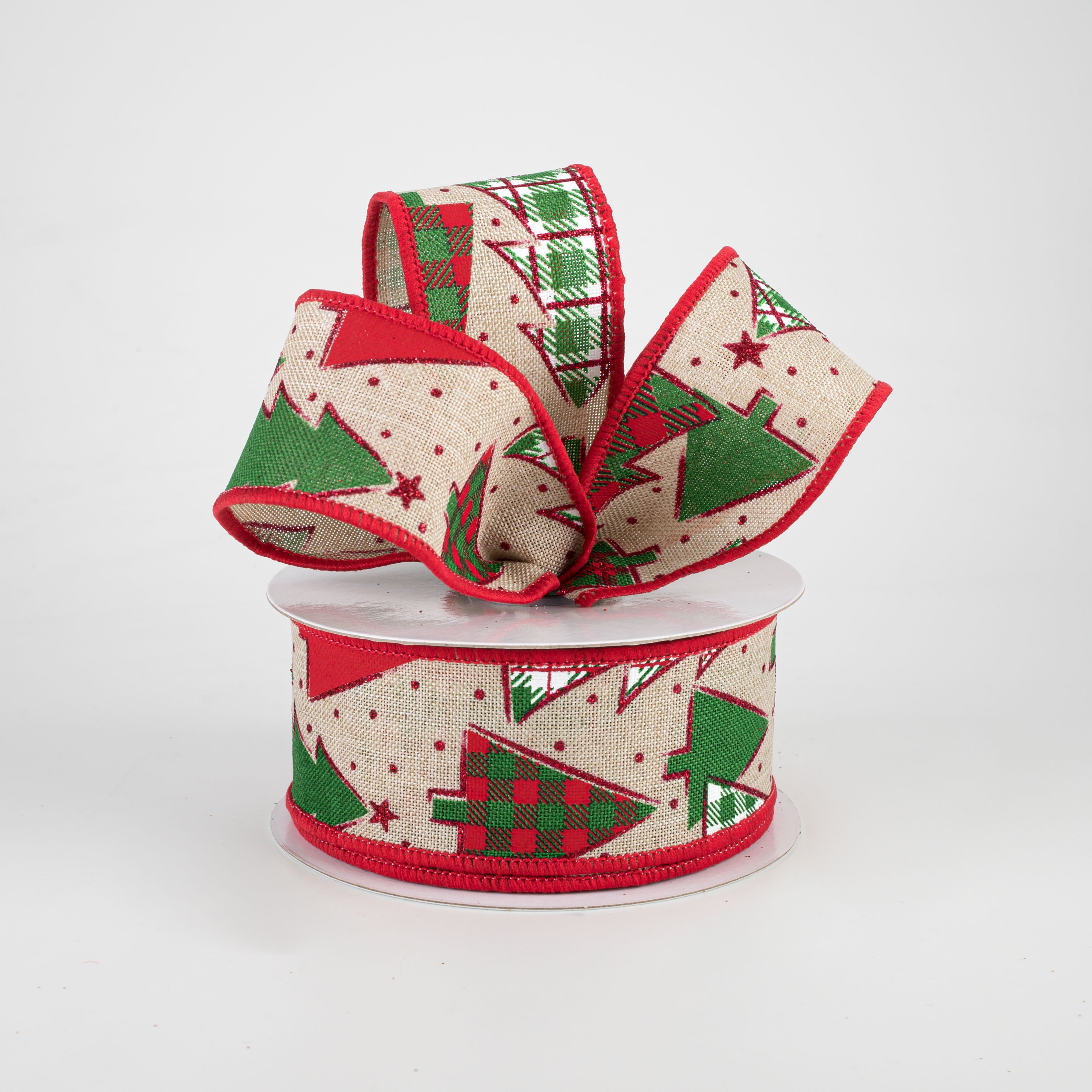 1.5 Inch Plaid Christmas Tree Ribbon - Light Natural, Red, Emerald Green Holiday Decoration Ribbon (10 Yards) for Gift Wrapping, Tree Trimming, and Festive DIY Crafts