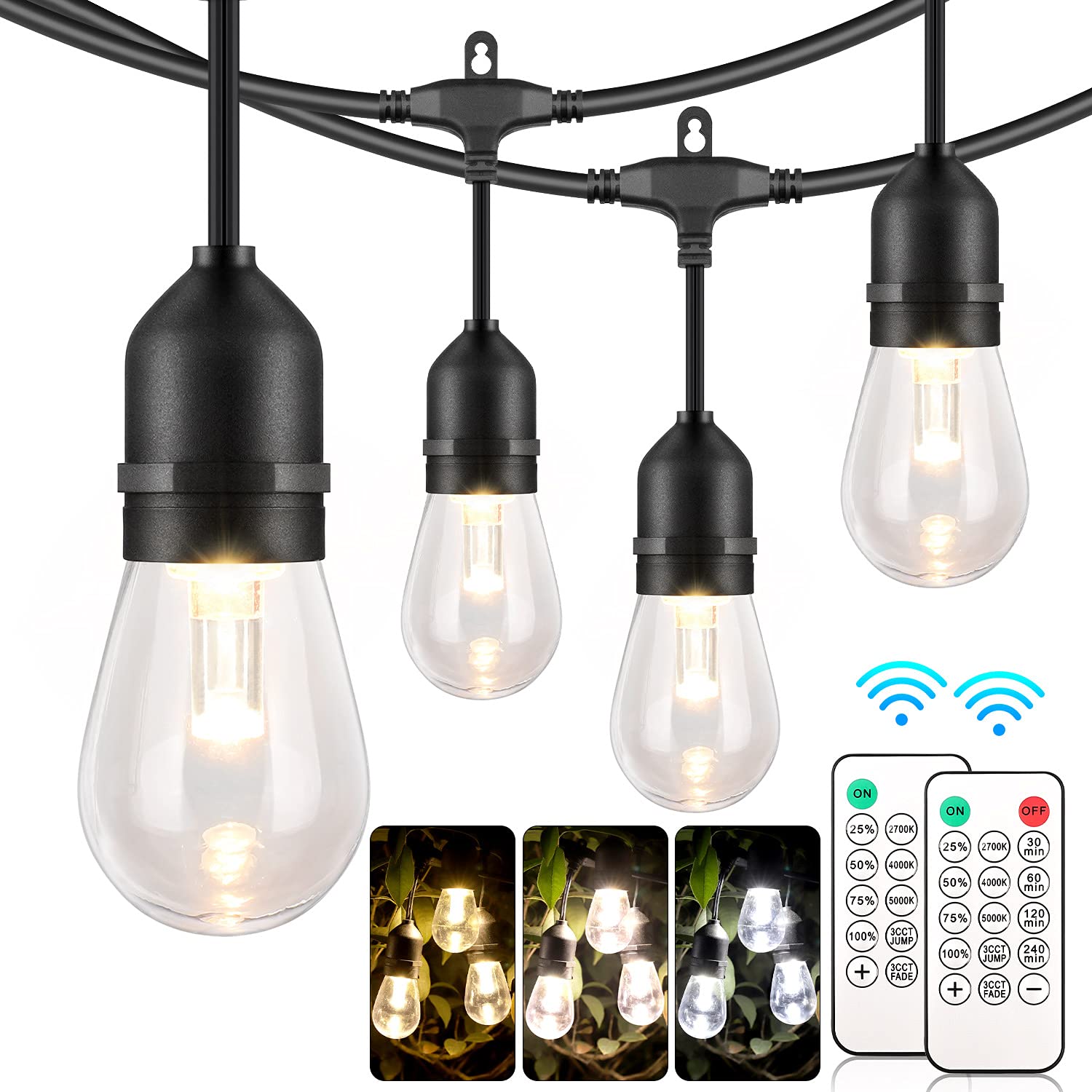 48FT Outdoor LED String Lights with Remote - Dimmable, Waterproof, Shatterproof Edison Bulb Lights in Warm White/Daylight White (3 Colors) - Perfect for Patio, Pergola, Cafe, Bistro & Backyard Decor