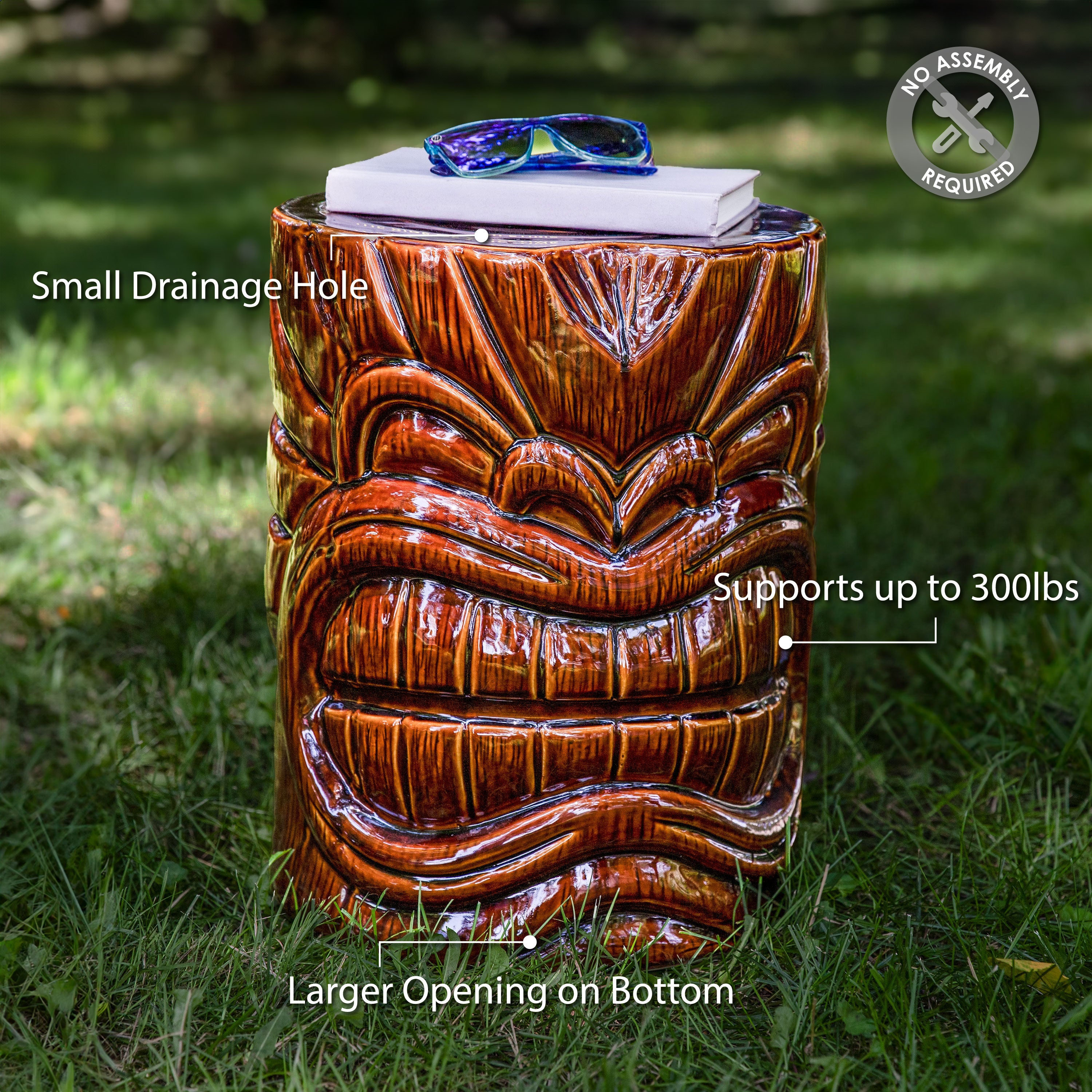 Sunnydaze Tiki Head Ceramic Garden Stool & Side Table - 17 Inch Outdoor Patio Decor for Poolside, Porch, or Backyard Seating