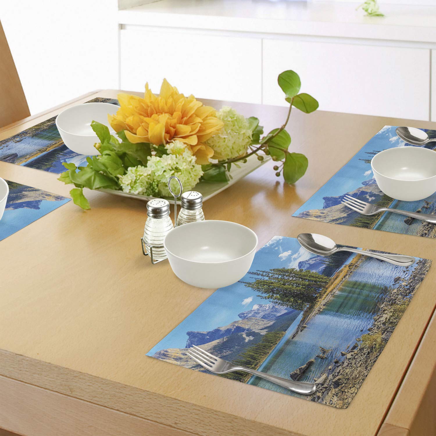 Lunarable Mountain Place Mats Set of 4 - Scenic Spirit Island & Maligne Lake Canada Summer Landscape - Washable Fabric Table Mats for Dining Room & Kitchen Decor in Pale Blue Green Tan - Perfect for Dinner Parties & Holiday Gatherings