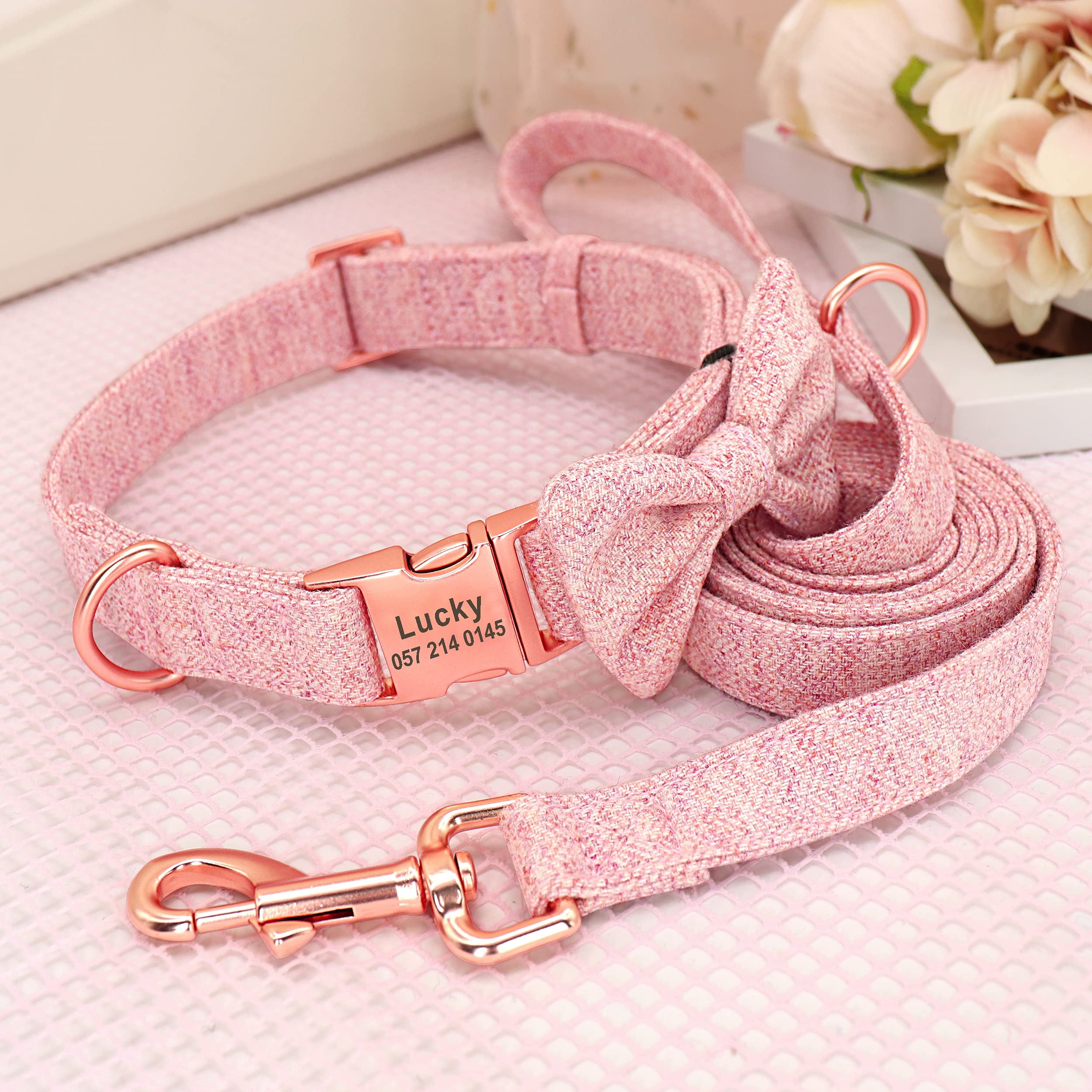 PET ARTIST Personalized Dog Collar with Detachable Bowtie - Soft & Comfortable Cute Dog Collar & Leash Set with Rose Gold Buckle - Adjustable Bowtie Collars for Small, Medium & Large Dogs (Pink) - Perfect for Daily Walks, Pet Parties & Photo Shoots