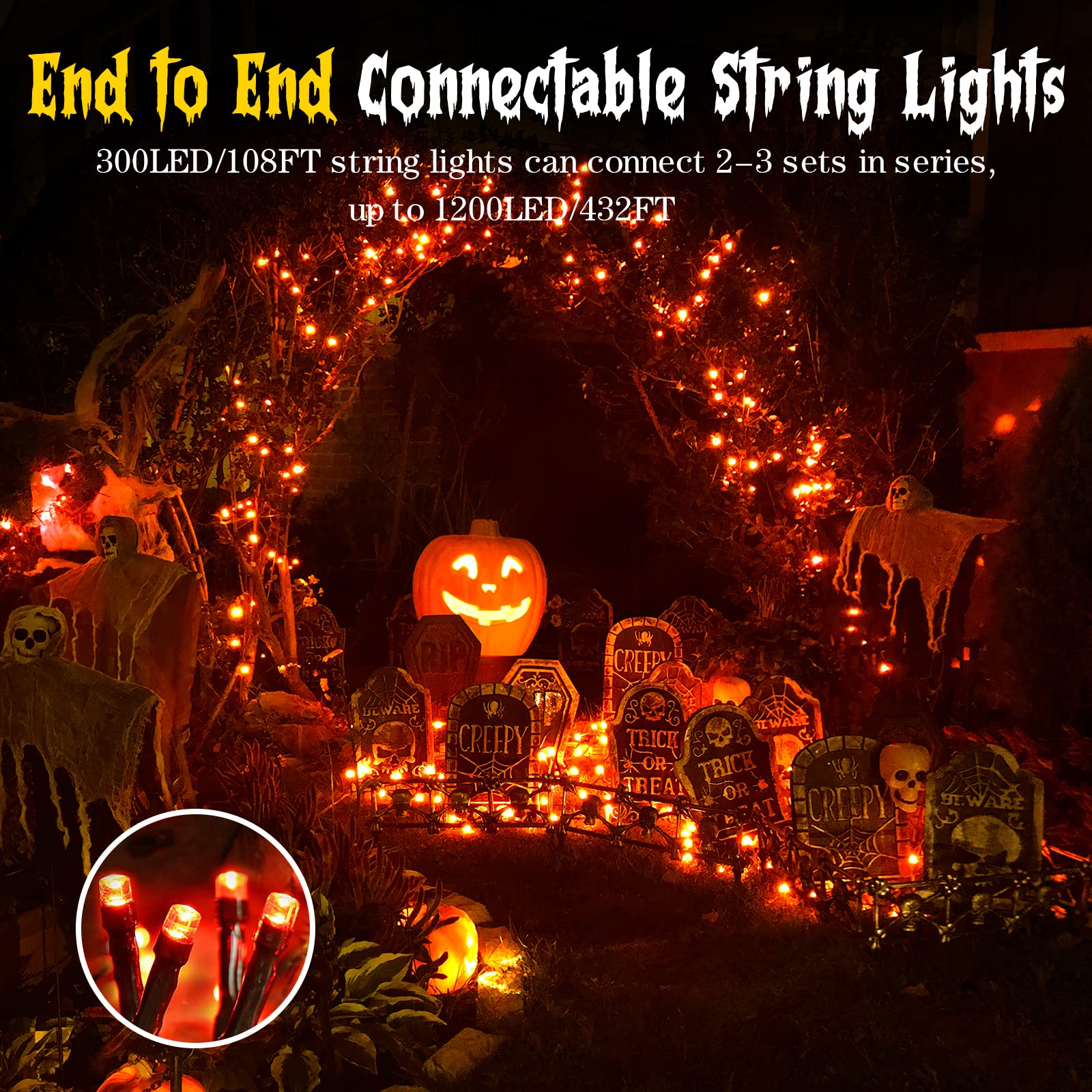 Techip Halloween Lights - 300LED Orange String Lights 108FT, Waterproof Outdoor/Indoor Mini Fairy Lights for Tree, Garden, Party, Carnival, Thanksgiving & Christmas Decorations - Perfect for Halloween, Home, Yard, and Holiday Celebrations