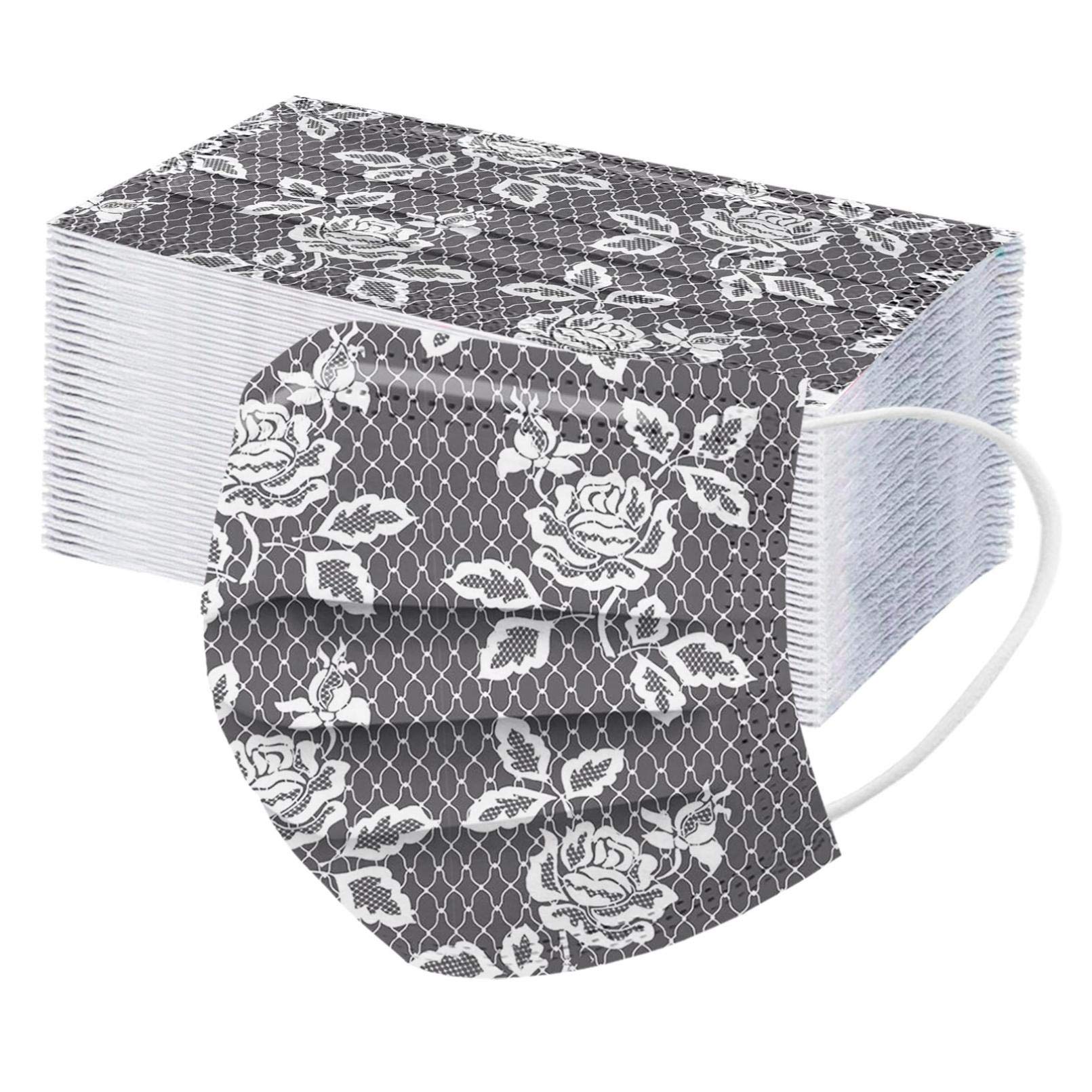 50 PC Lace Disposable Face Masks - Floral Print for Women, Full Face Cover Protection - Daily Use & Travel