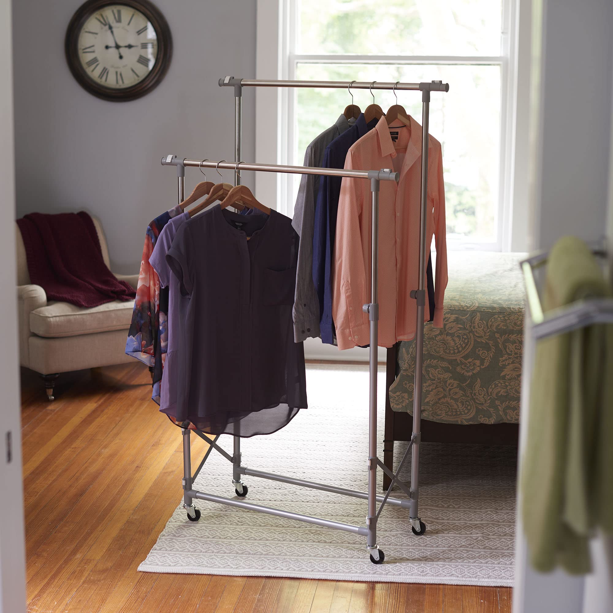 Premium Folding Double Garment Rack with Wheels - Heavy Duty Clothes Drying Rack for Laundry Room, Bedroom & Closet Organization | Space Saving Silver Garment Stand for Hanging Clothes, Towels & Coats (Ideal for Apartments, Dorms & Small Spaces)