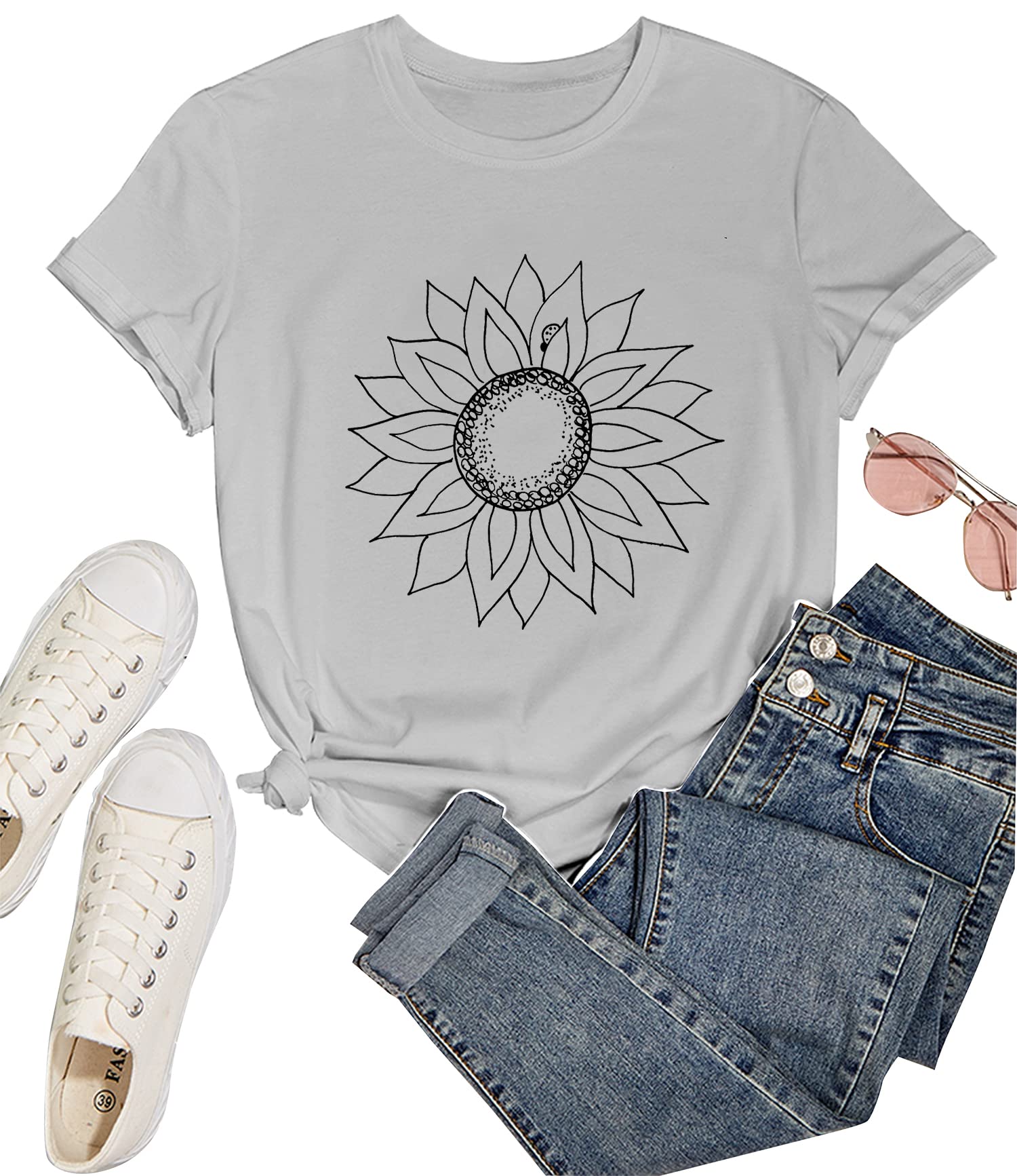 Sunflower Print Women's Short Sleeve T-Shirt - Cute Casual Summer Top with Round Neck | Perfect for Beach Outings, Picnics & Everyday Wear