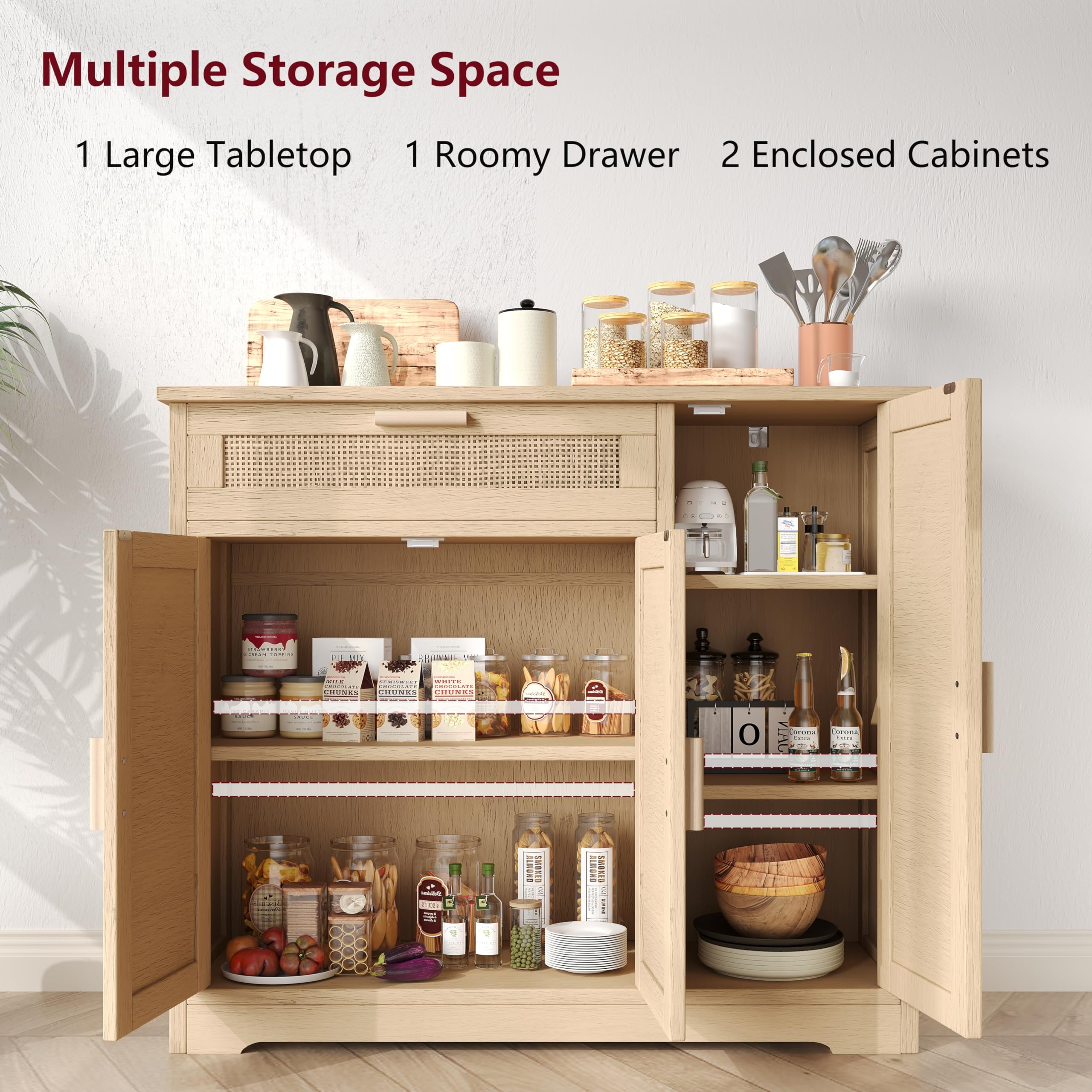 Rattan Sideboard Buffet Cabinet with 3 Doors & Drawers - Adjustable Shelf Floor Storage Cabinet for Kitchen, Living Room, Hallway - Natural Wood TV Stand, Dining Room Furniture, Home Decor (KES001MCWG)