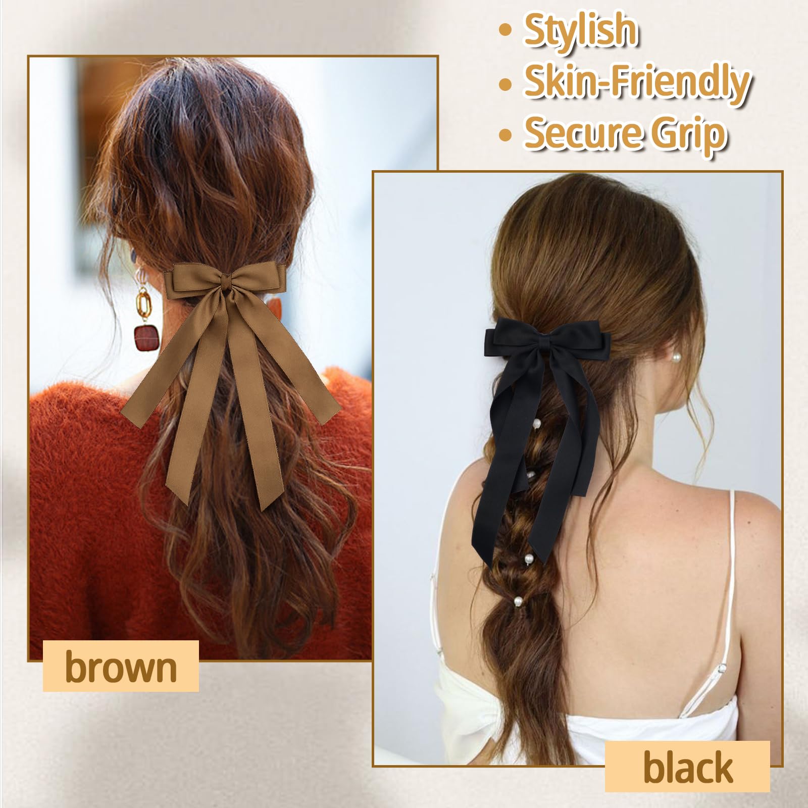 Elegant Black & Coffee Bow Hair Clips 2PCS Set for Women and Girls - Long Tail Ribbon Hair Bows with Alligator Clips | Perfect for School, Parties, Weddings and Everyday Hairstyles