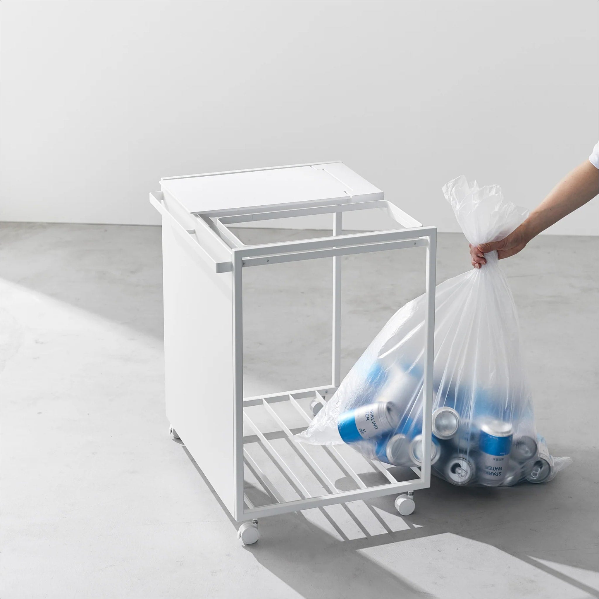 YAMAZAKI 2-Compartment Rolling Trash Can with Wheels for Kitchen & Office Recycling - White, Space-Saving Waste Bin for Home & Office Organization