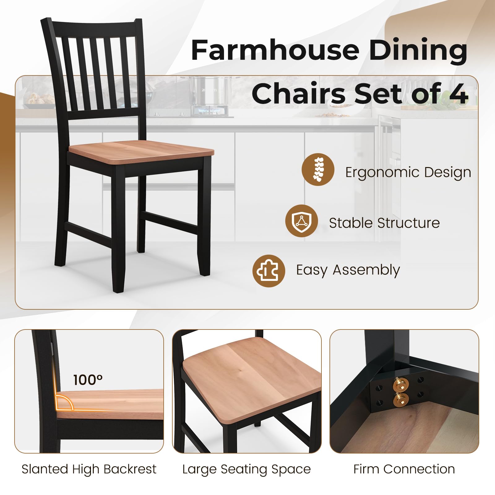 Giantex Set of 4 Wooden Dining Chairs - Farmhouse Style Kitchen Chairs with Sturdy Rubber Wood Legs, Easy Assembly Armless Side Chairs for Dining Room, Black - Perfect for Farmhouse Decor, Kitchen, Dining Room & Small Spaces