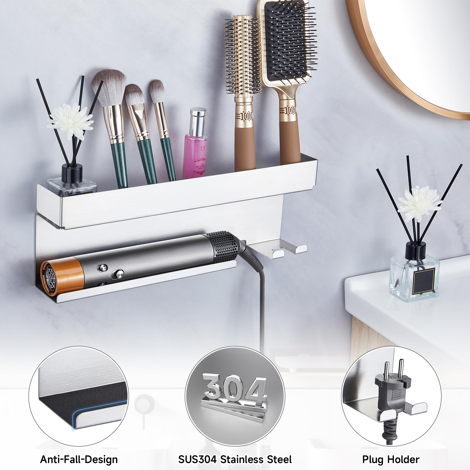 Stainless Steel Wall Mount Hair Tool Organizer - Hair Dryer Holder & Curling Iron Wand Accessories Storage for Bathroom | Perfect for Styler Attachments, Hair Straightener & Beauty Tools Organization