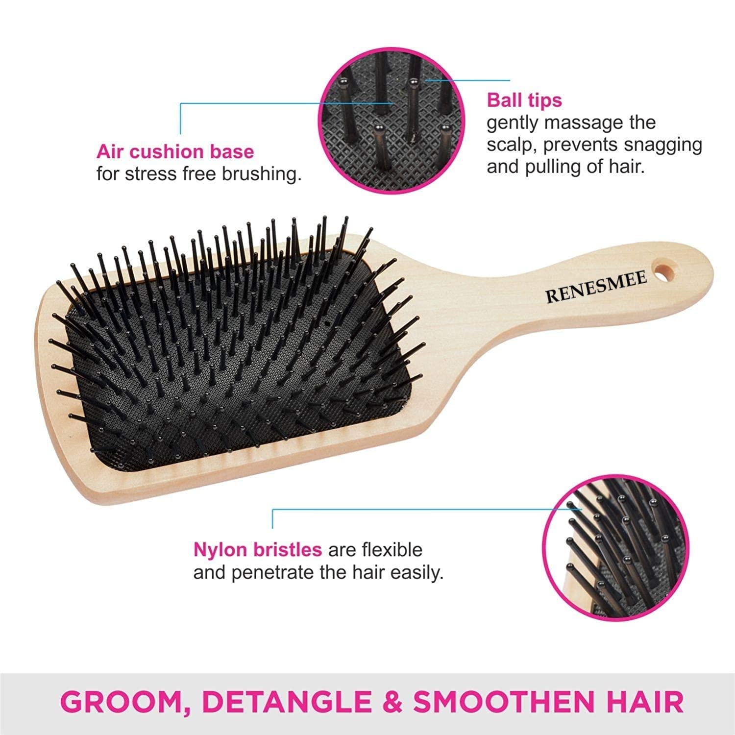 RENESMEE Metal Pin Bristle Hair Brush - Detangling & Anti-Static Paddle Brush with Rounded Steel Bristles - Ergonomic Wooden Handle for Scalp Massage - Perfect for Normal, Curly, Thick Hair & Wigs - Salon & Home Hair Care Essential