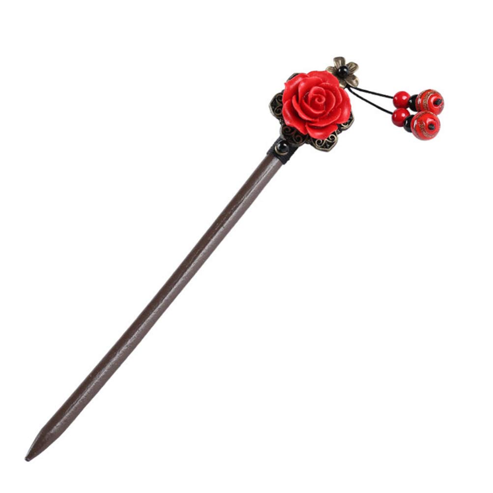 Vintage Wooden Hair Sticks with Red Flower - Handmade Chinese Japanese Hair Pins, Long Hair Forks & Hairpins for Women - Perfect for Weddings, Bun Hairstyles & Traditional Updos