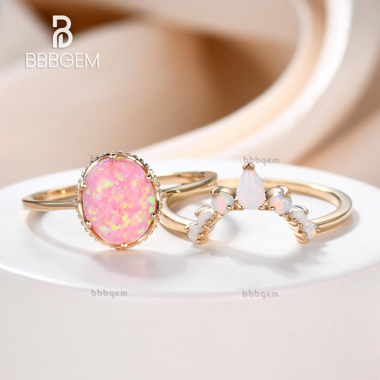 Vintage Opal Wedding Ring Set - Oval Pink Fire Opal Engagement Ring for Women - Perfect for Bridal, Anniversary & Special Occasion Gifts