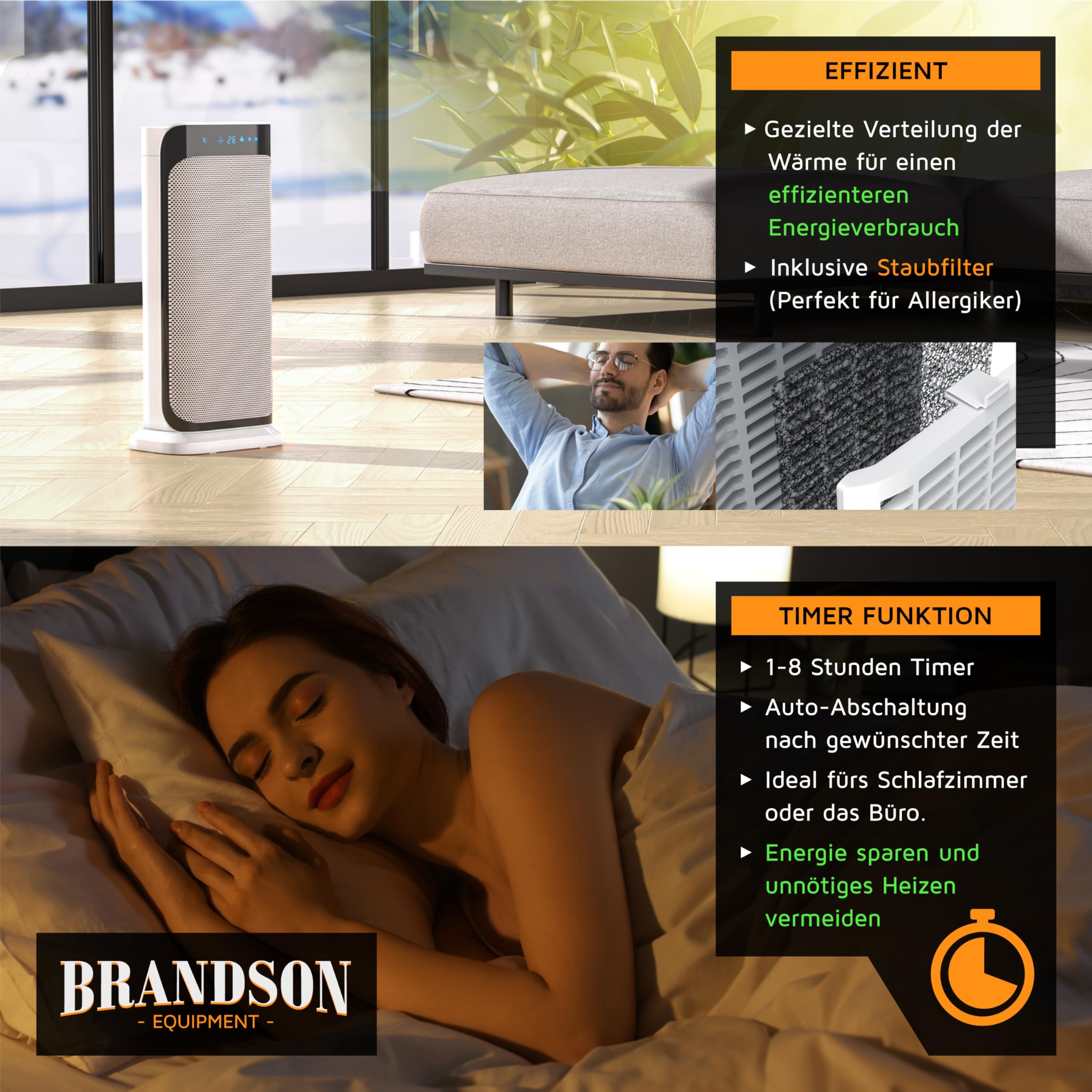 Brandson - Energy Efficient Ceramic Space Heater with Remote Control - Quiet Oscillating Bathroom Heater with Timer - GS Certified - Perfect for Bedroom, Office & Small Spaces