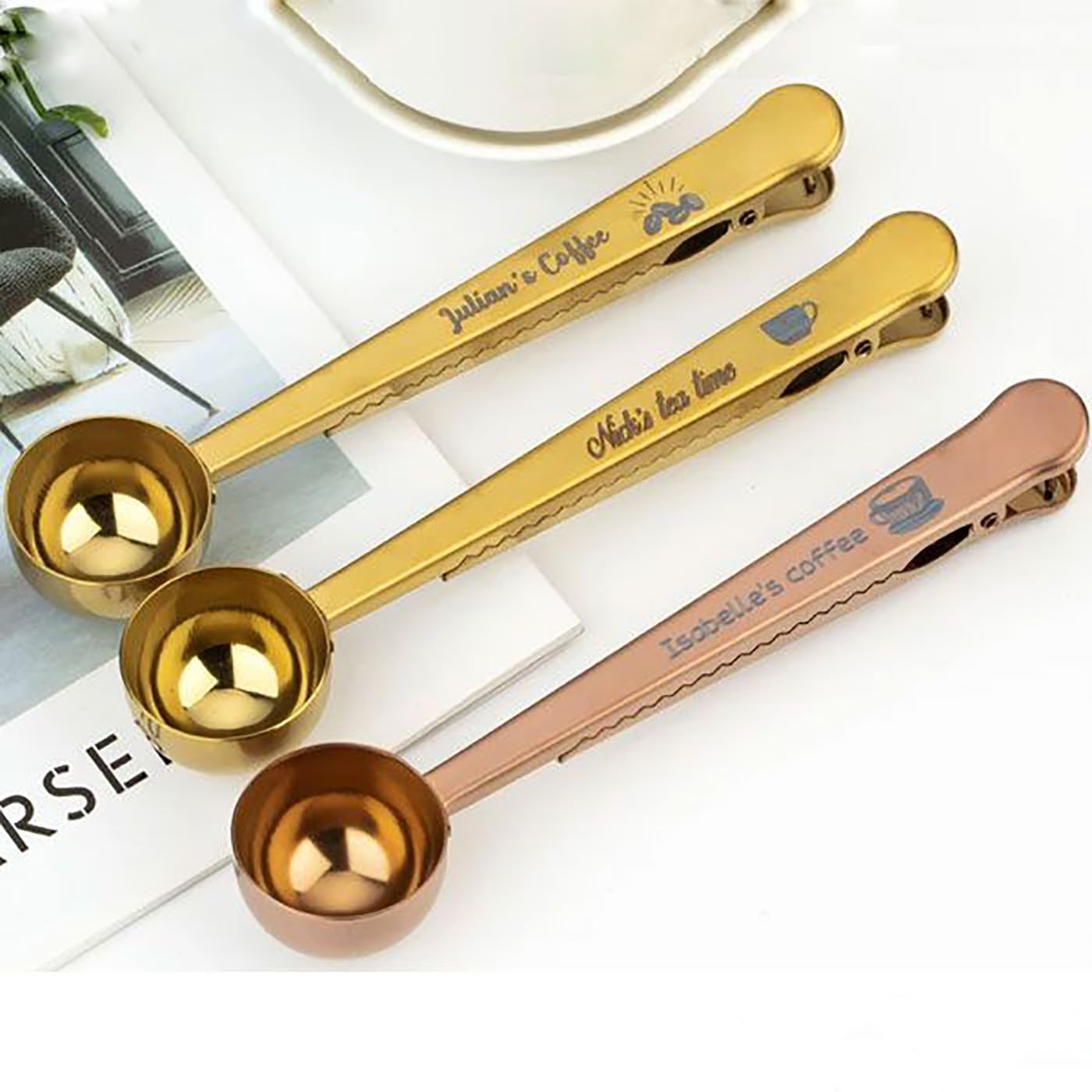 Personalized Rose Gold Stainless Steel Coffee Measuring Spoon - Perfect for Coffee Lovers, Ground Coffee Scoop with Bag Clip - Ideal for Home Brewing, Gifts & Kitchen Use