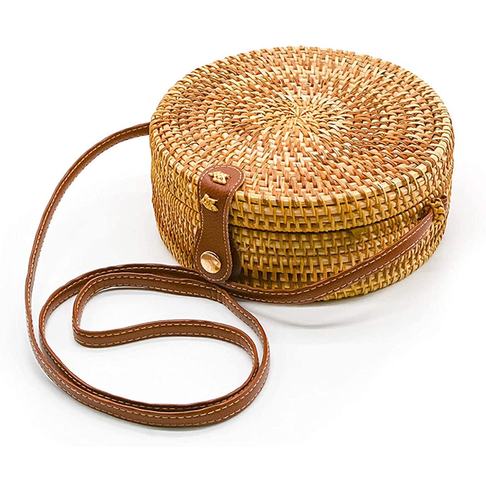 Handwoven Rattan Round Crossbody Bag - Natural Boho Circle Handbag for Beach, Picnic, and Summer Outfits