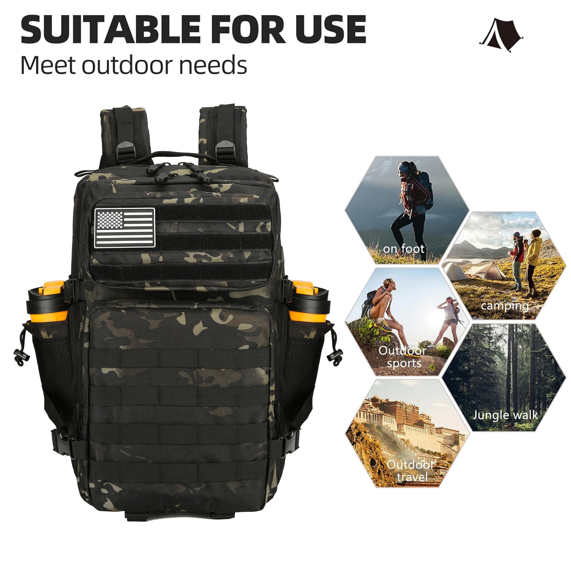 45L Tactical Assault Backpack - 3 Day Military Molle Rucksack with Waterproof Design for Outdoor Camping, Hiking & Airsoft (Black Camo)