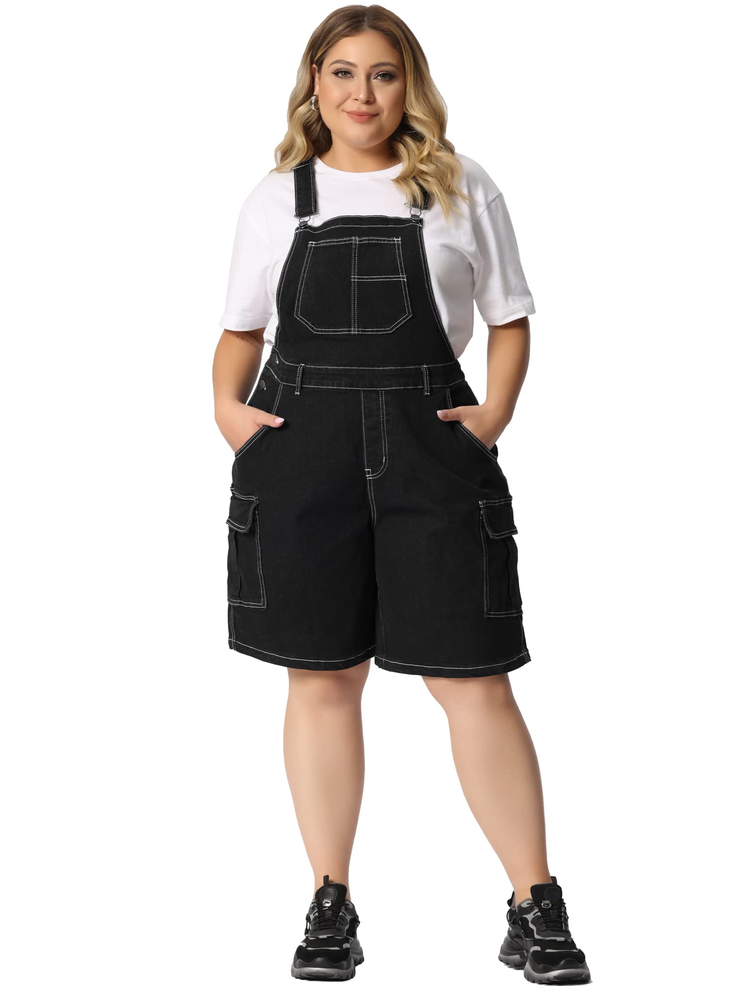 Agnes Orinda Women's Plus Size Denim Overalls with Cargo Pockets - Black XL | Adjustable Straps & Contrast Stitching | Casual Workwear, Outdoor Adventures & Everyday Fashion