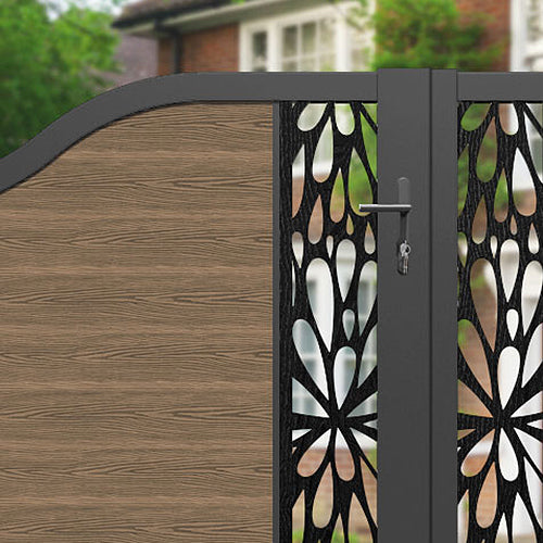 Premium Teak Classic Blossom Curved Top Driveway Gate with Middle & End Screen - Elegant Garden Entry & Property Security Solution