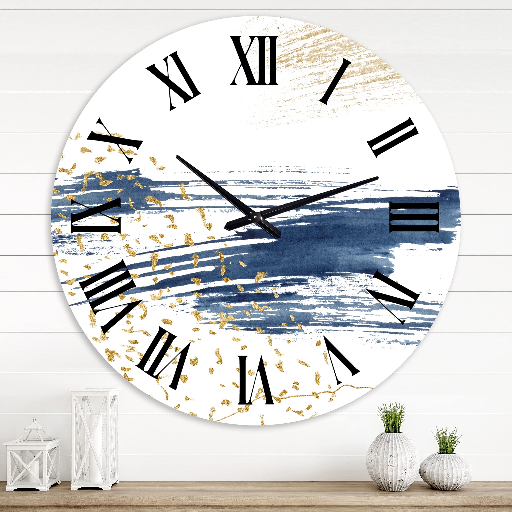 DesignQ Modern Abstract Wall Clock - Dark Blue & Gold Large Fractal Art Decor for Living Room, Bedroom, Office | Silent Non-Ticking Battery Operated