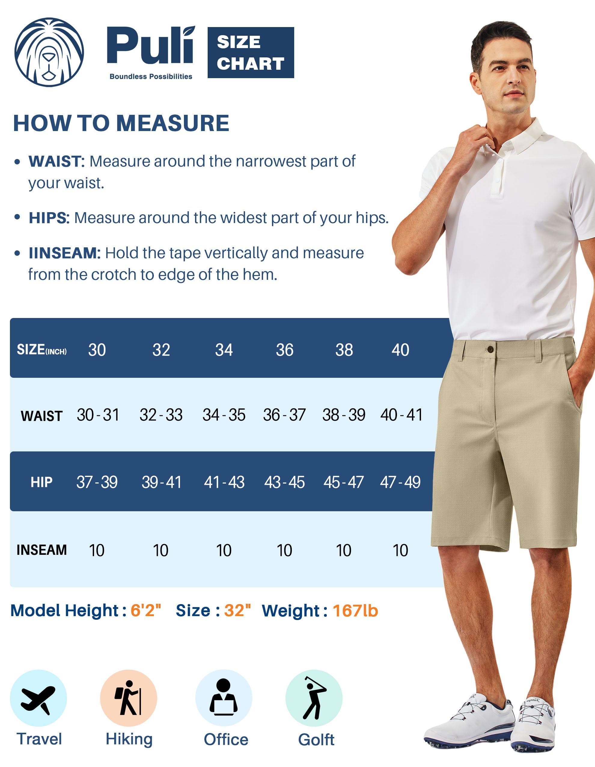 **PULI Men's 10-Inch Inseam Golf Shorts - Flat Front Casual Hiking Shorts with Pockets - Breathable & Lightweight for Summer Golfing, Hiking & Outdoor Activities**