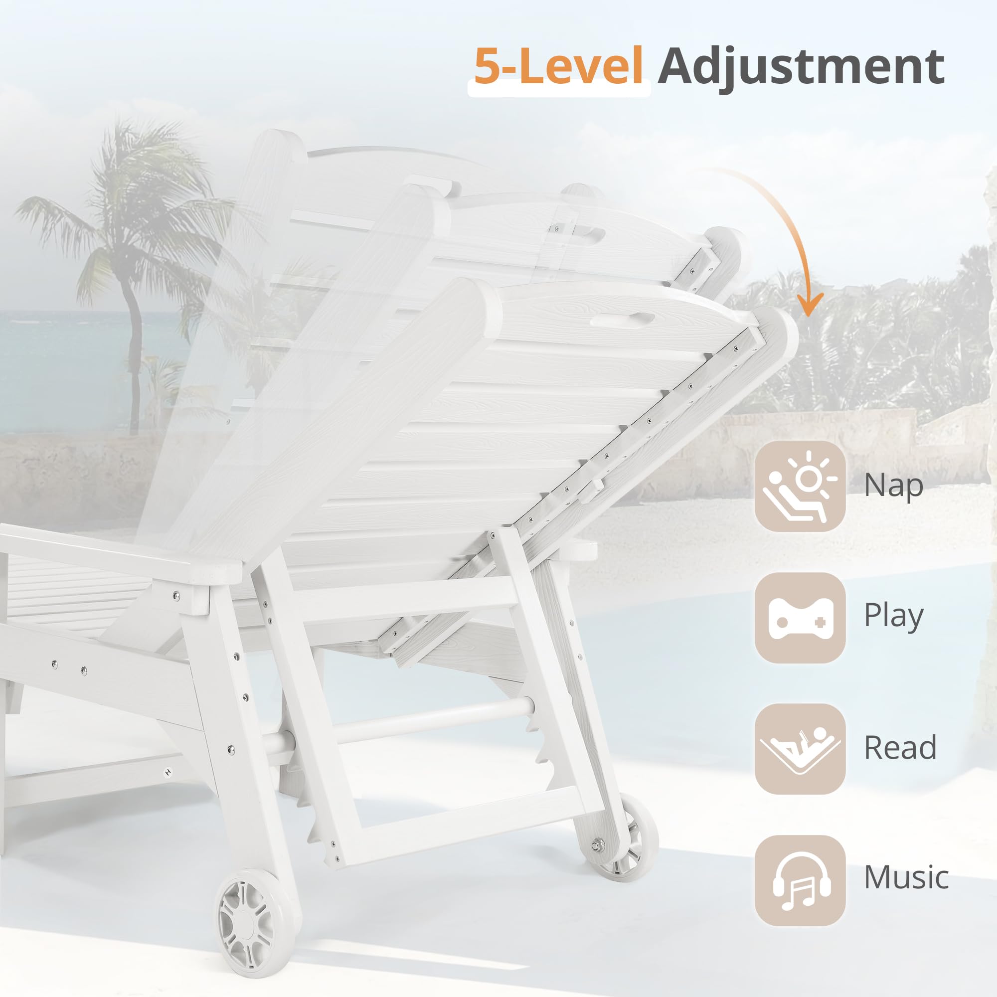 LUE BONA 79'' Oversized Adjustable Outdoor Chaise Lounge Chair with Wheels - 5-Position Reclining Poolside Lounger for Backyard, Patio & Beach - Durable HDPS Material - White (3-Year Warranty) - Perfect for Sunbathing, Relaxing by the Pool or Outdoor Lounging