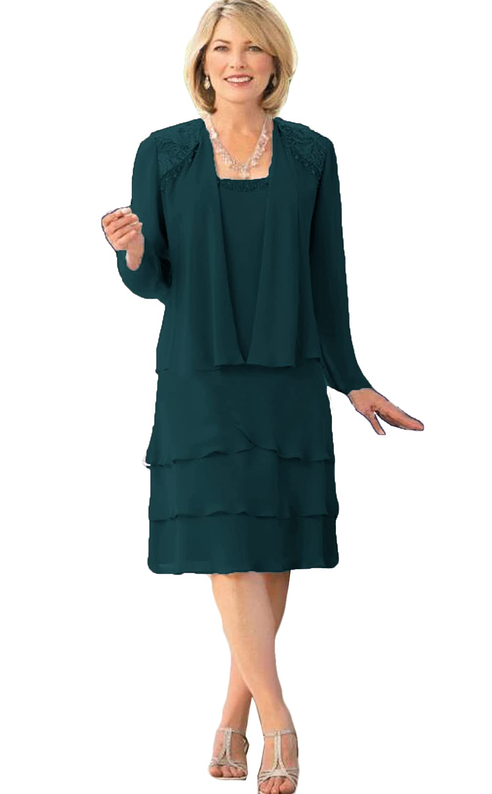 Elegant Peachess Women's Chiffon Knee-Length Mother of The Bride Dress with Jacket - Layered Wedding Guest Gown for Special Occasions, Ceremonies & Formal Events