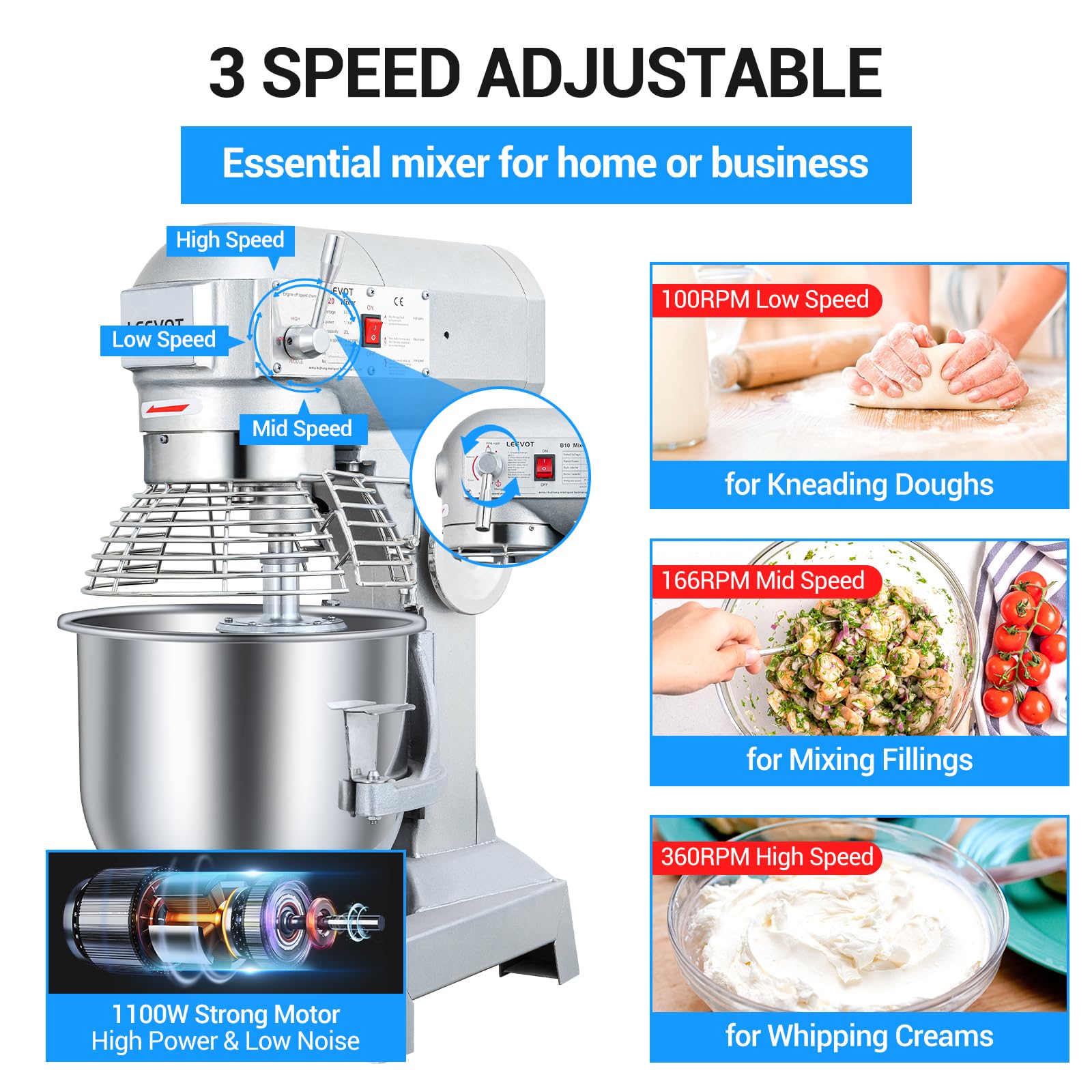 20Qt Commercial Food Mixer - 1100W Heavy Duty Electric Stand Mixer with 3-Speed Adjustable & Stainless Steel Bowl - Perfect for Bakeries, Pizzerias, and Home Kitchens (Compatible with Kitchenaid) - Ideal for Dough Kneading, Cake Mixing, and Food Preparation