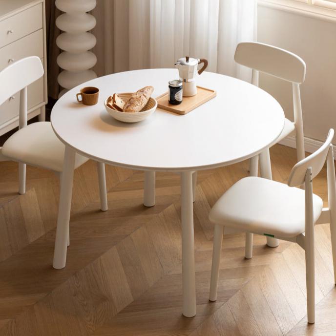 Birch Solid Wood Round Dining Table - White Cream Style Rock Board - Perfect for Modern Kitchens, Dining Rooms & Small Spaces