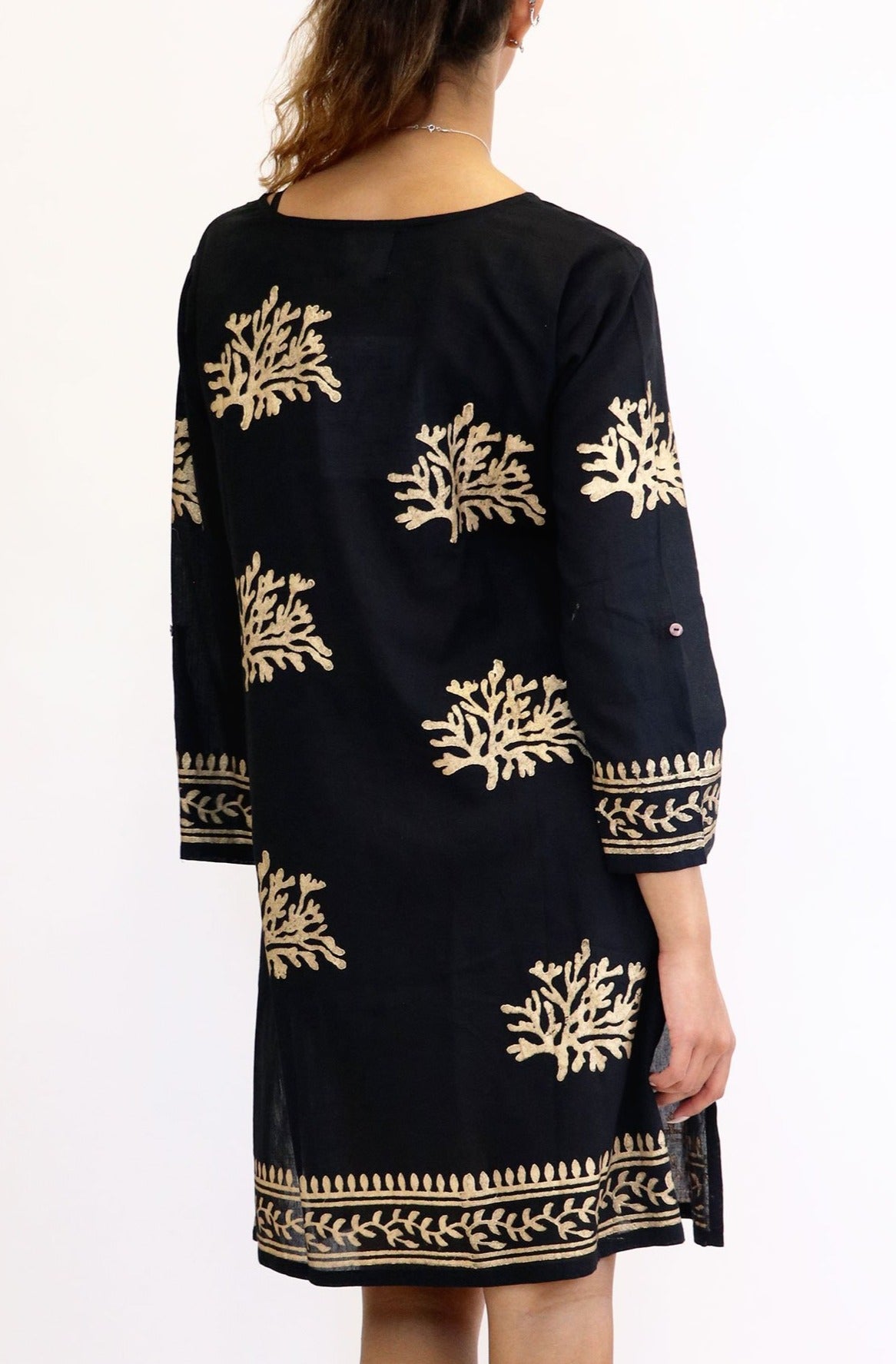 Guadalupe Short Tunic for Women - Elegant Black & Gold Floral Print Top | Perfect for Casual Wear, Summer Outfits, and Beach Vacations