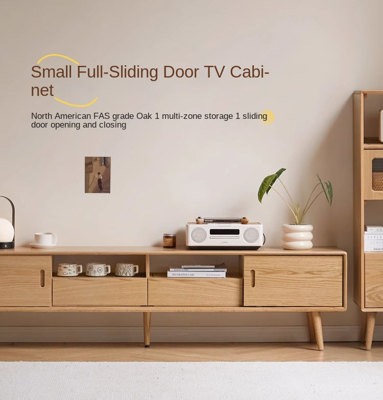 Modern Oak Solid Wood Sliding Door TV Stand Cabinet - Rustic Farmhouse Entertainment Center for Living Room, Bedroom & Home Theater