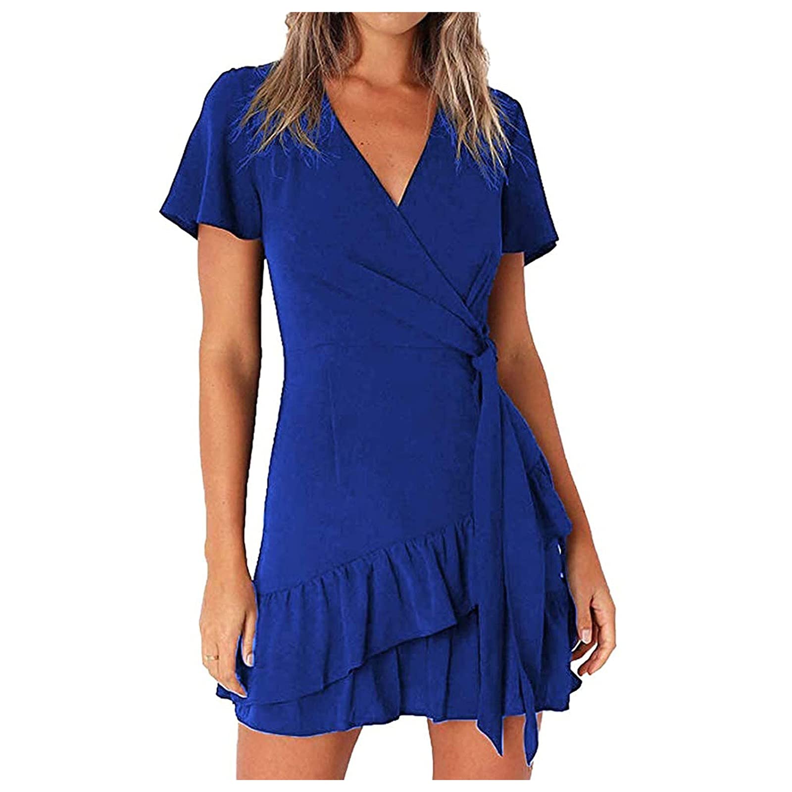 Ruffle Sleeve Short Wrap Dress with Belt for Women - Mini Summer Dress with V-Neck | Perfect for Beach Vacations, Date Nights & Summer Parties