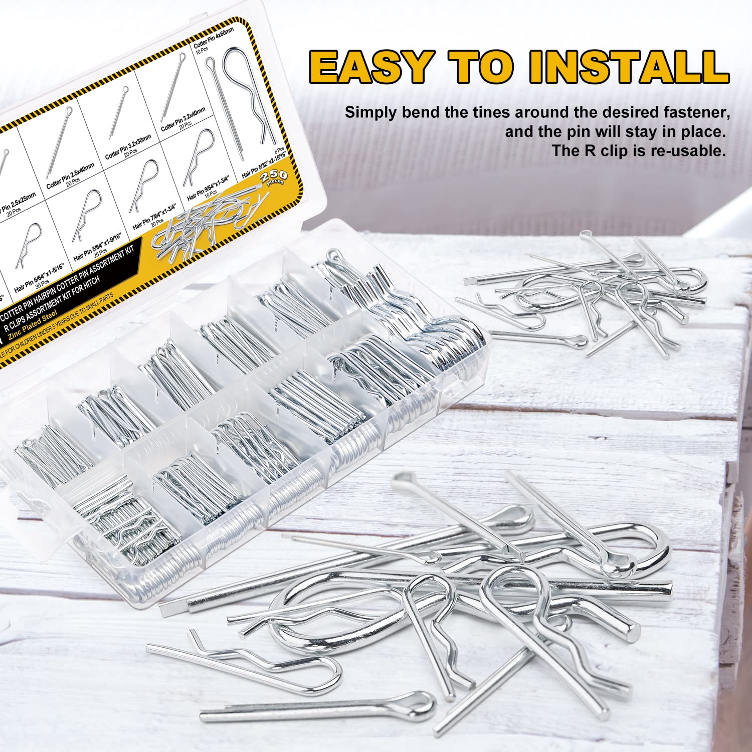 250Pcs Hairpin Cotter Pins Assortment Kit - Zinc Plated Steel R Clips & Cotter Keys for Hitch, Lawn Mower, Truck - Secure Fastening for Automotive, Machinery & DIY Projects