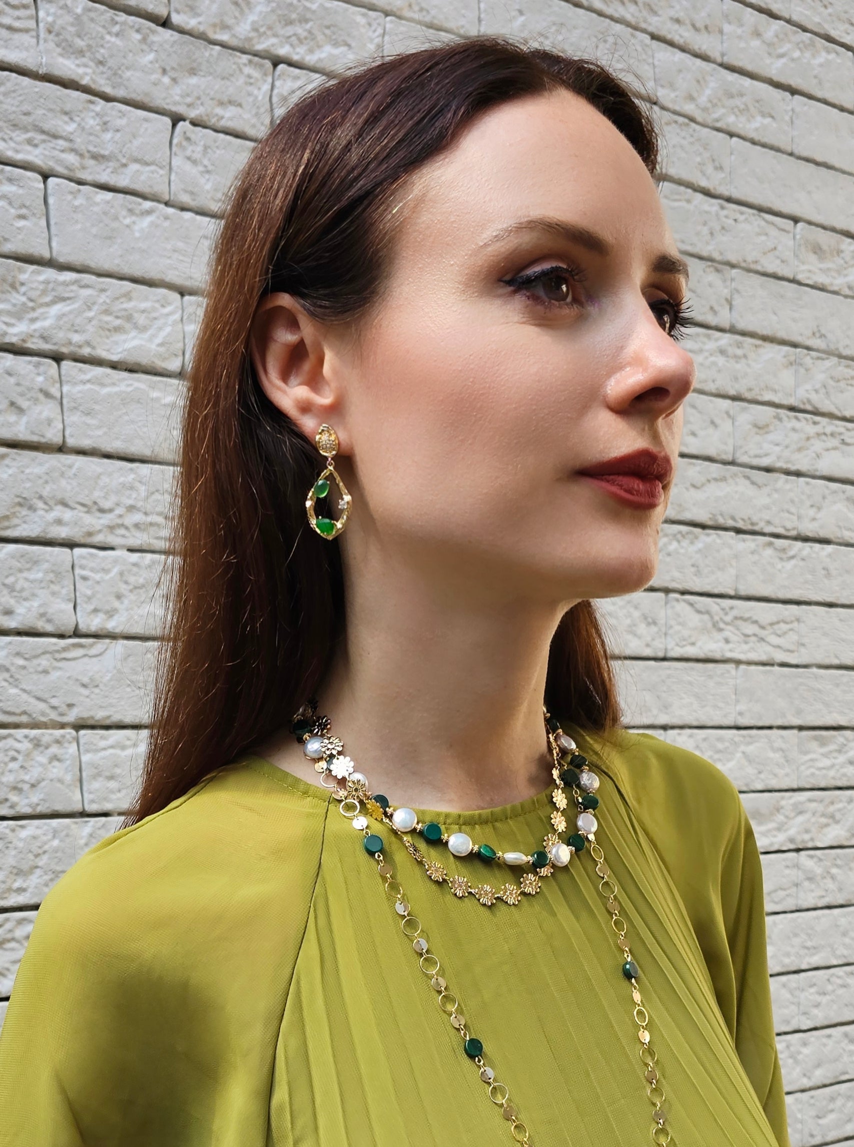 Green Agate Statement Dangle Earrings for Women - Elegant Bohemian Jewelry for Party, Wedding & Everyday Wear (PE045)