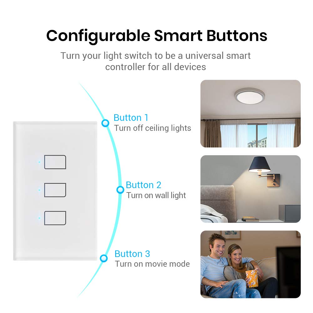 BroadLink Smart Light Switch - No Neutral Wire Required, Single Pole, 3-Gang Touch Timer Switch with App & Voice Control - Works with Alexa, Google Assistant, IFTTT, Siri Shortcuts (Hub Included) - Perfect for Smart Homes, Bedrooms, Living Rooms & Office Automation