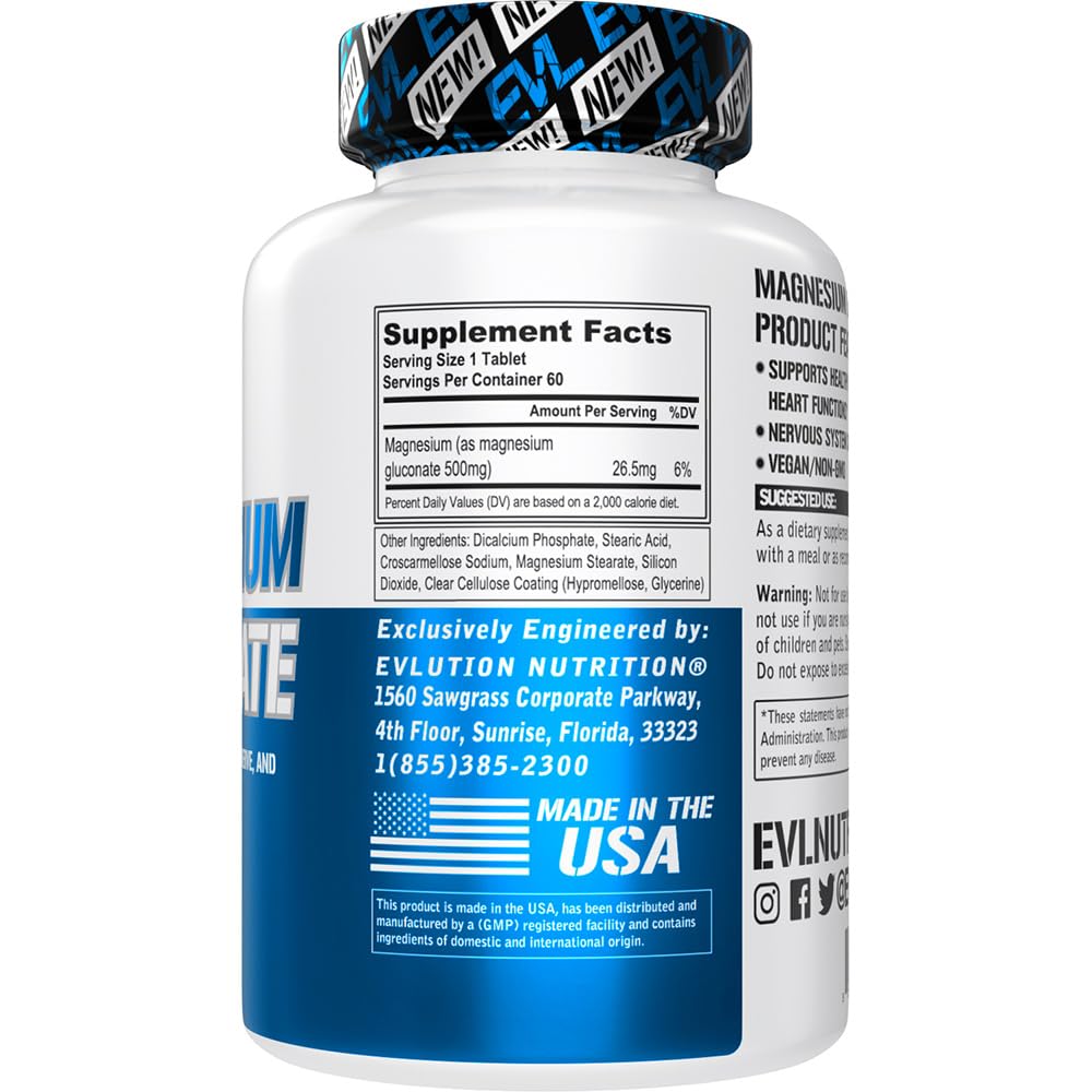 EVLution Nutrition Magnesium Gluconate Supplement - 60 Tablets for Muscle Recovery, Sleep Support & Stress Relief - Perfect for Athletes & Active Lifestyles