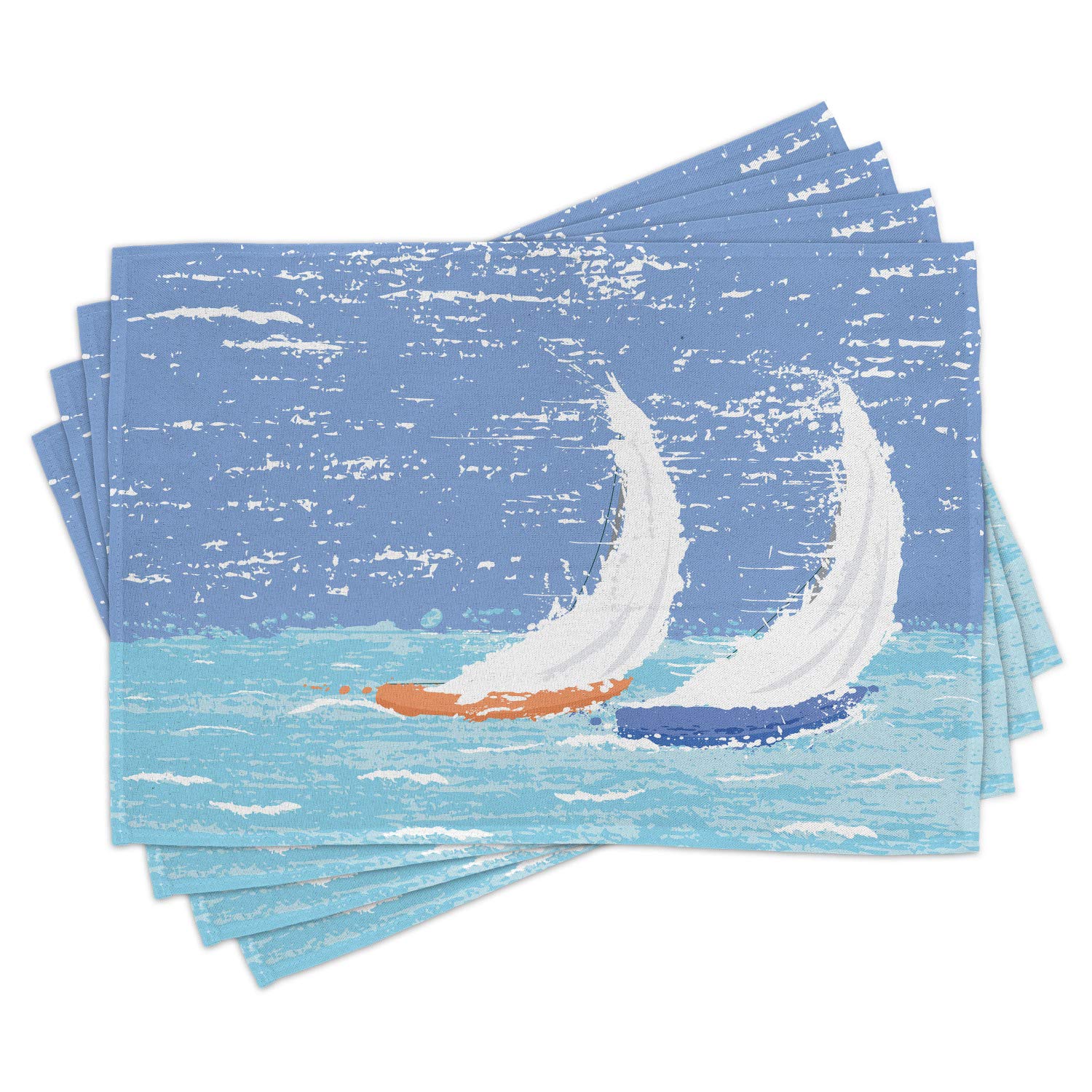 Ambesonne Nautical Place Mats Set of 4 - Grunge Style Racing Sailboats Ocean Print Washable Fabric Placemats for Dining Table - Pale Blue - Perfect for Beach House Decor, Coastal Kitchen, and Nautical Themed Parties