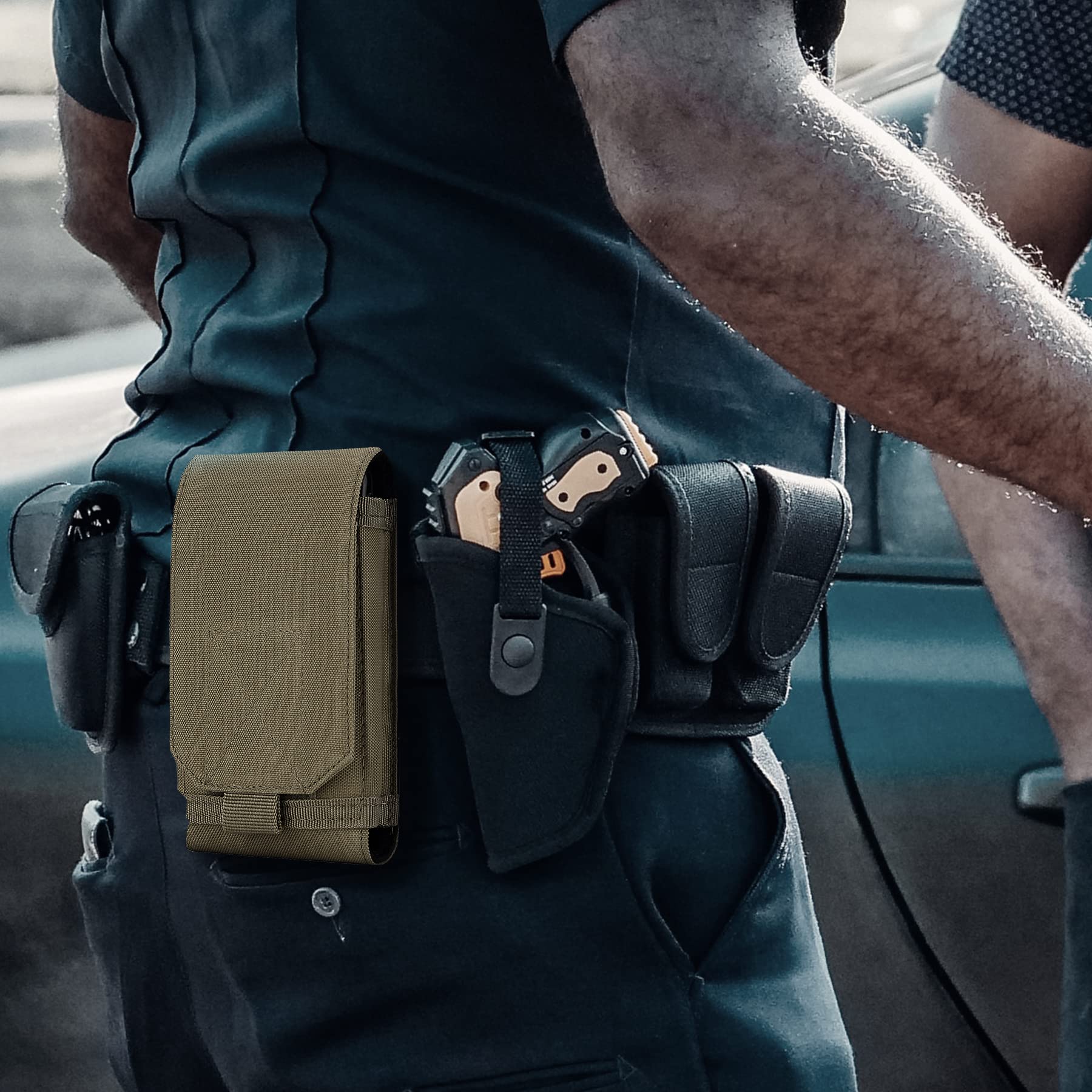 Tactical MOLLE Phone Pouch for iPhone 15 Pro Max/15 Pro/14 Plus/14 Pro/13/12/11 - Heavy Duty Belt Holster Case with Hook & Loop Patch Panel - Perfect for Outdoor Adventures, Hiking & Military Use (Khaki)