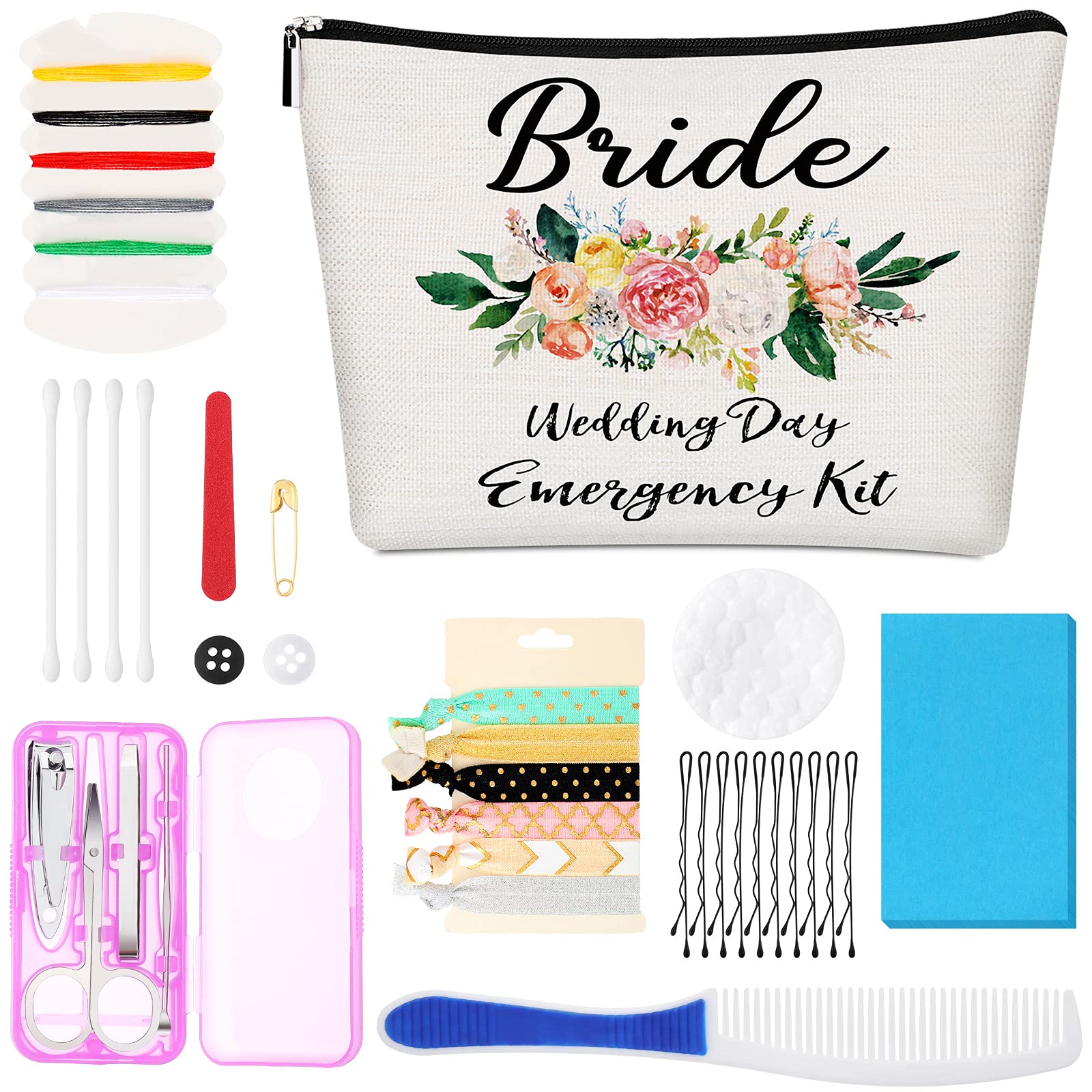 Vintage Floral Wedding Emergency Kit for Bride – Essential Survival Set with Makeup Bag, Bridal Shower Gift, Engagement Present – Perfect for Wedding Day Emergencies, Bridal Prep & Last-Minute Fixes