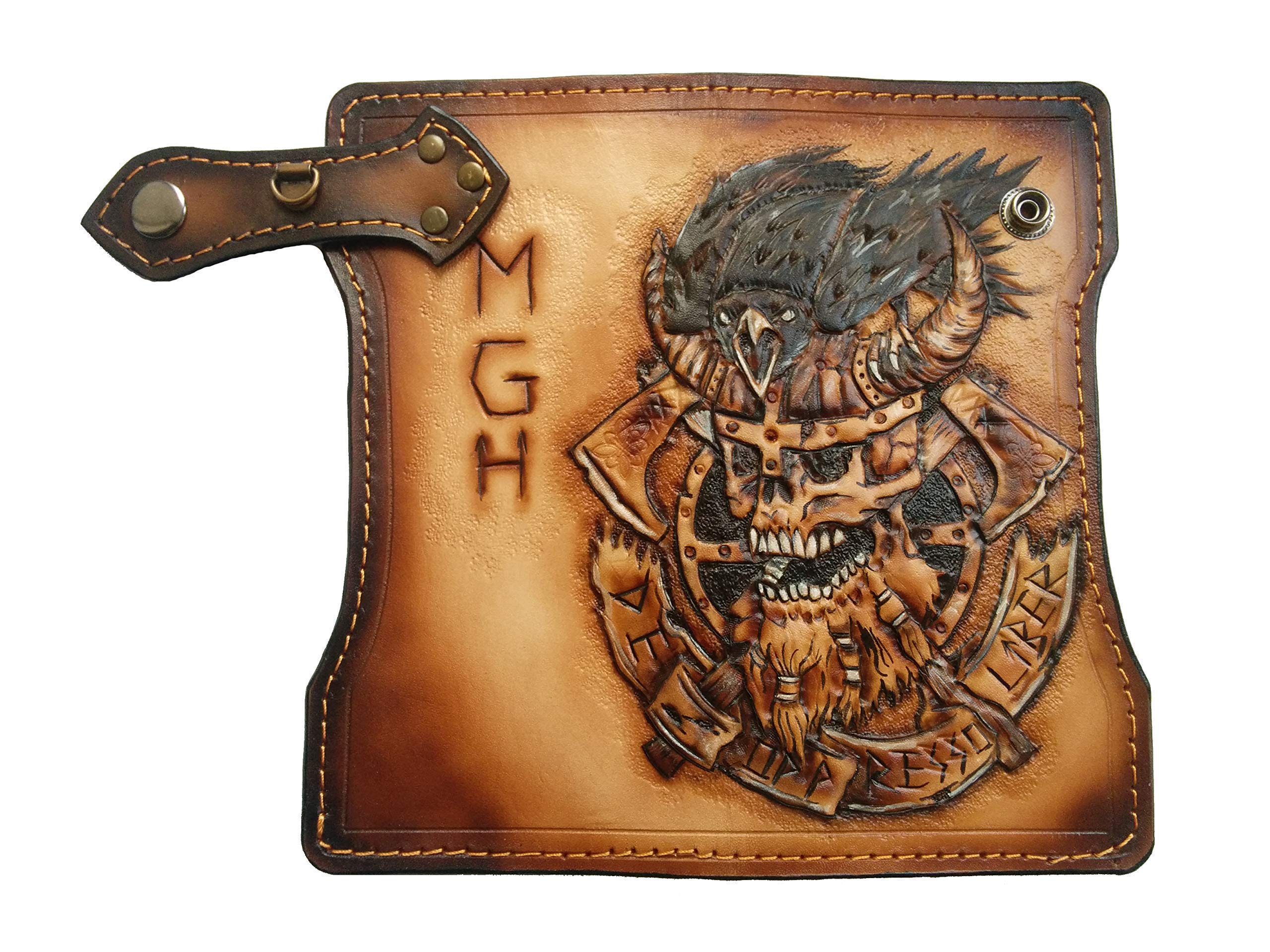 Handmade 3D Genuine Leather Biker Wallet for Men - Viking Skull & Crow Design with Rune Carvings - Custom Personalized Long Wallet for Motorcycle Enthusiasts & Gift Giving