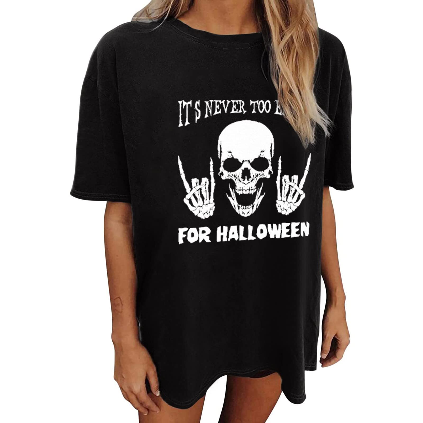 DGTVVR Women's Short Sleeve Crew Neck Skeleton Print T-Shirt - Summer Casual Quarter Length Sleeve Top for Streetwear, Parties & Everyday Outfits