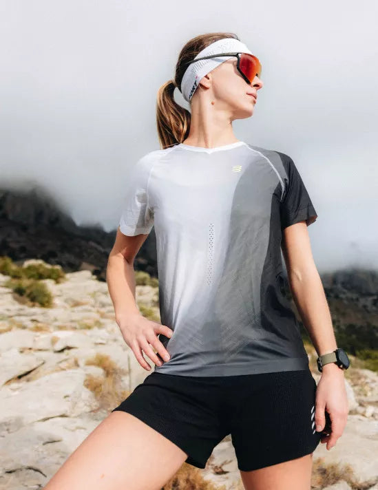 Compressport Women's Performance Short Sleeve Running Shirt - Breathable Moisture Wicking Athletic Top for Workout & Training - Black/White - Perfect for Gym, Jogging and Outdoor Sports