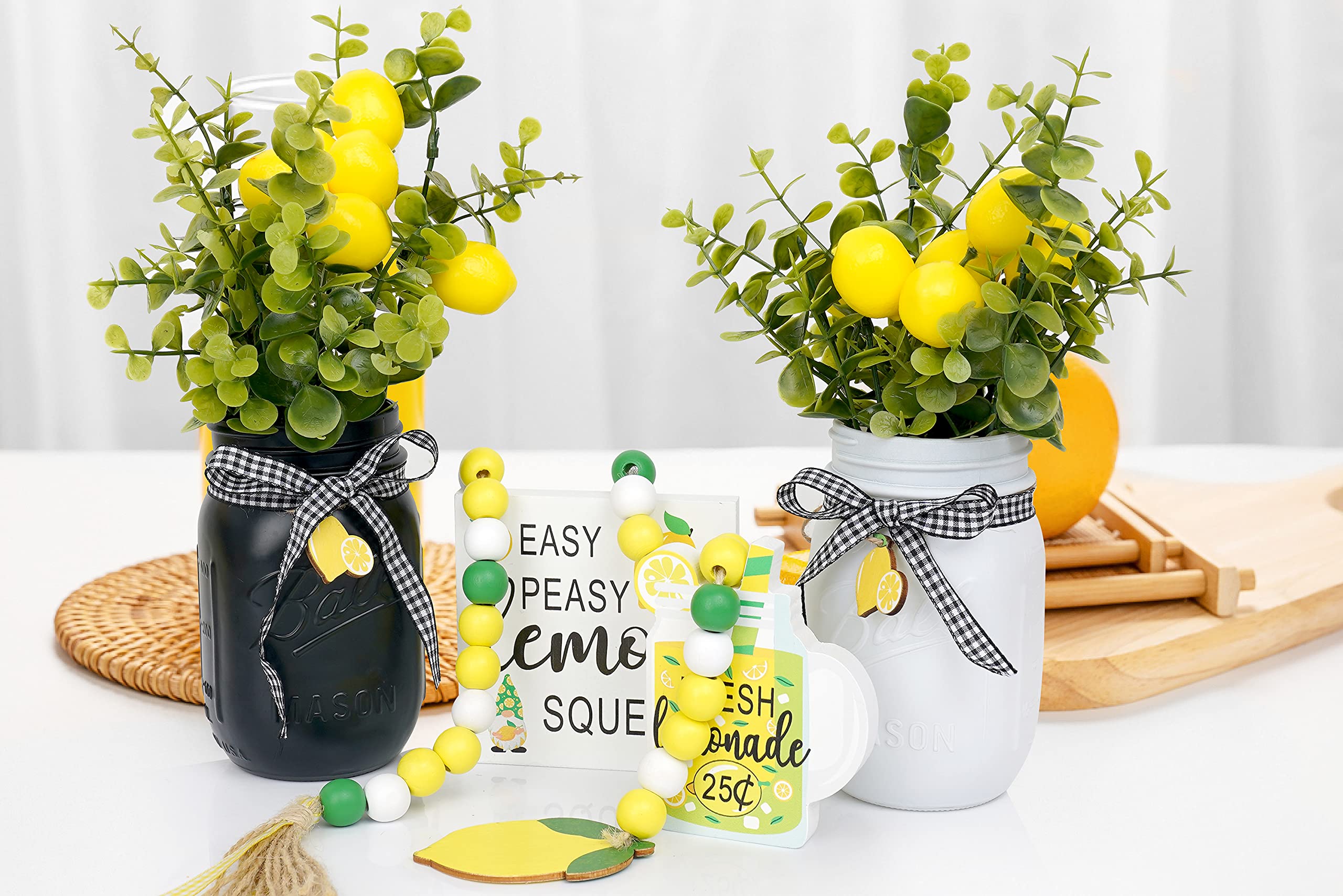 Lemon Kitchen Decor & Accessories Set - Rustic Mason Jar & Buffalo Plaid Farmhouse Tray Decor for Summer Home, Housewarming Gift - Perfect for Tiered Tray Displays, Country Kitchen Decor & Seasonal Table Centerpieces