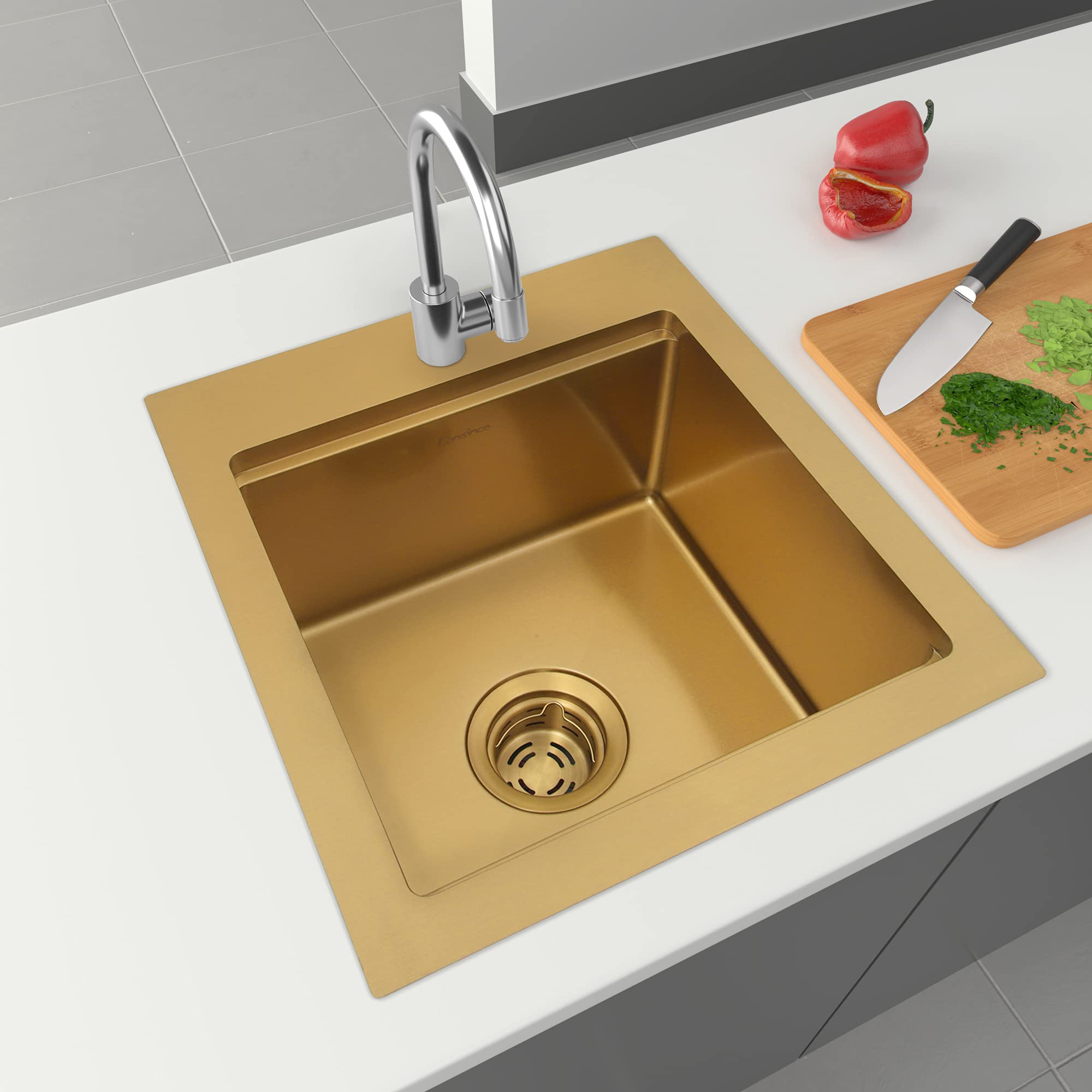**LQS Extended Sink Flange with Deep Basket Strainer - 3-1/2 Inch Standard Sink Drain Hole Fit - Golden Deep Garbage Disposal Sink Flange for Kitchen Sink - Perfect for Clog Prevention & Easy Cleaning**